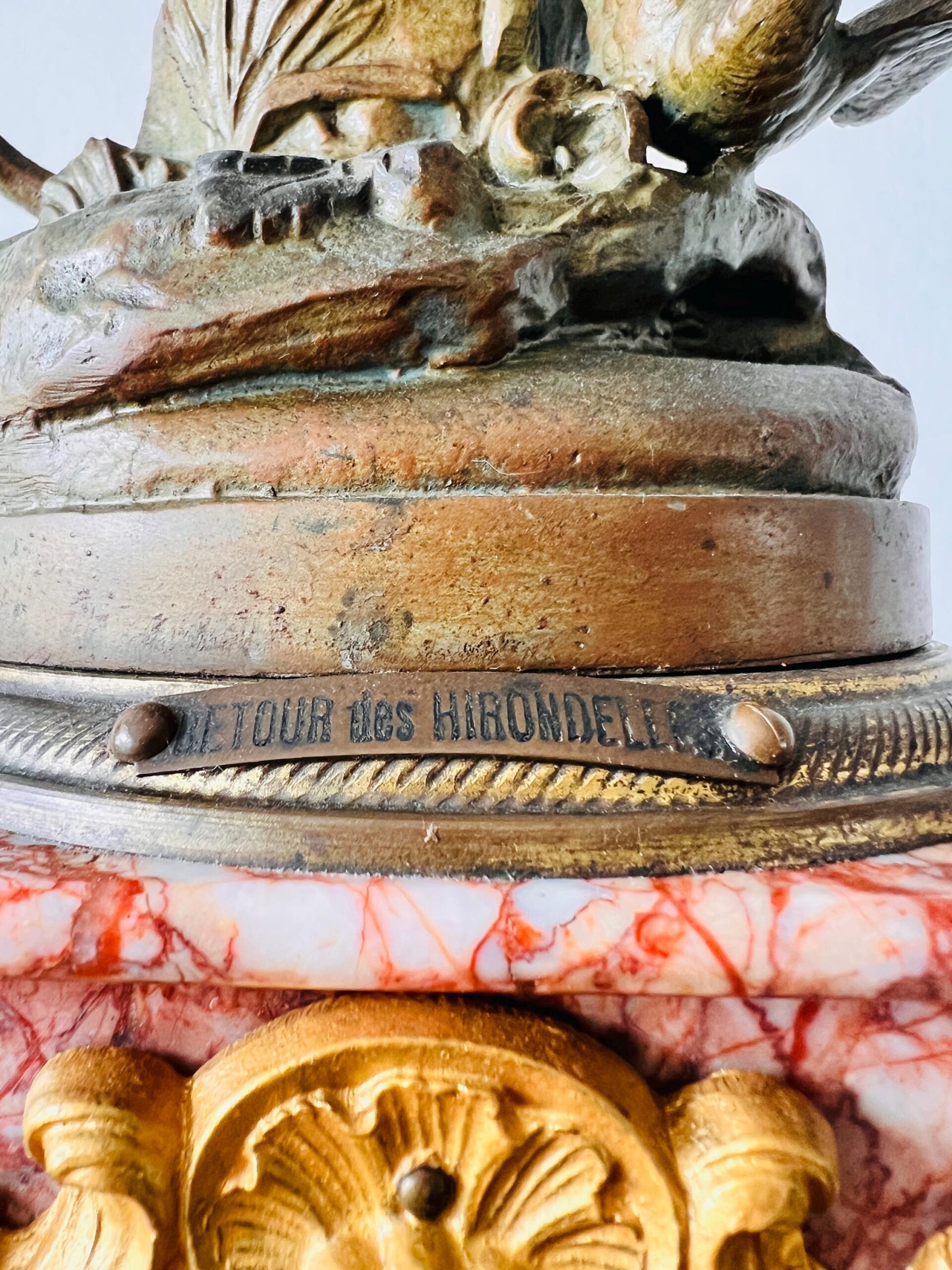 French Mantel Clock with Sculpture and Oil Lamp – Retour Des Hirondelles Belin