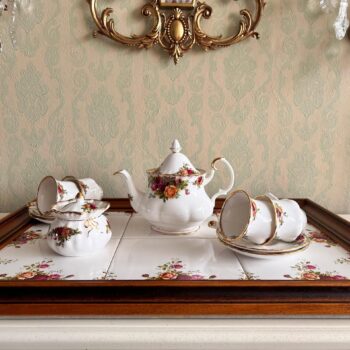 Bone China Decorative Tray with Floral Tiles - Royal Albert Old Country Roses England - Large 60s Tea Serving Tray with Handles