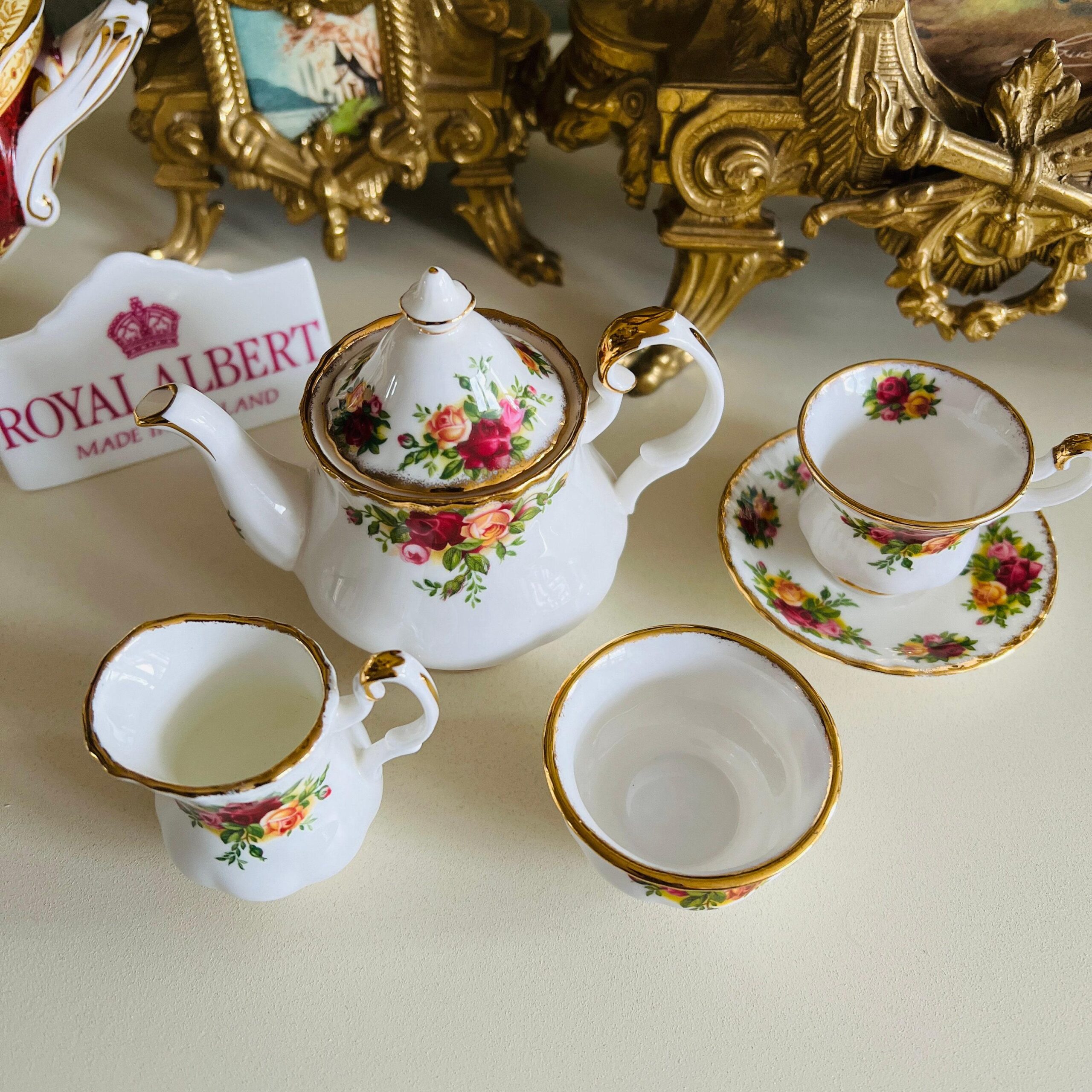 Porcelain Dollhouse Tea Set by Royal Albert, Old Country Roses Bone China Miniature Set, Made in England, 4-Piece 1960s Rarity