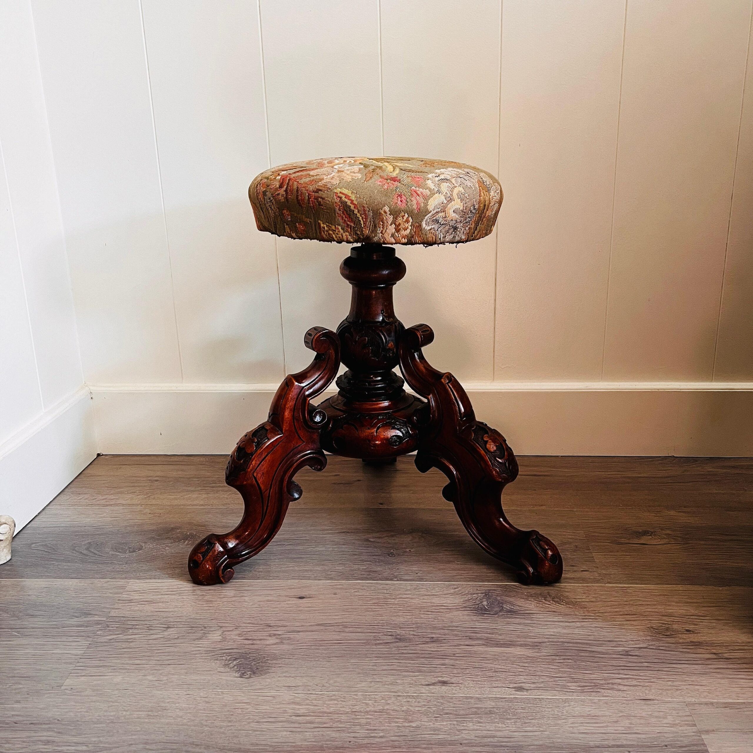 Antique Wood Piano Stool with Cabriole Legs and Scrolled Feet, Victorian Era Carved Seat, Classical Accent Furniture Piece