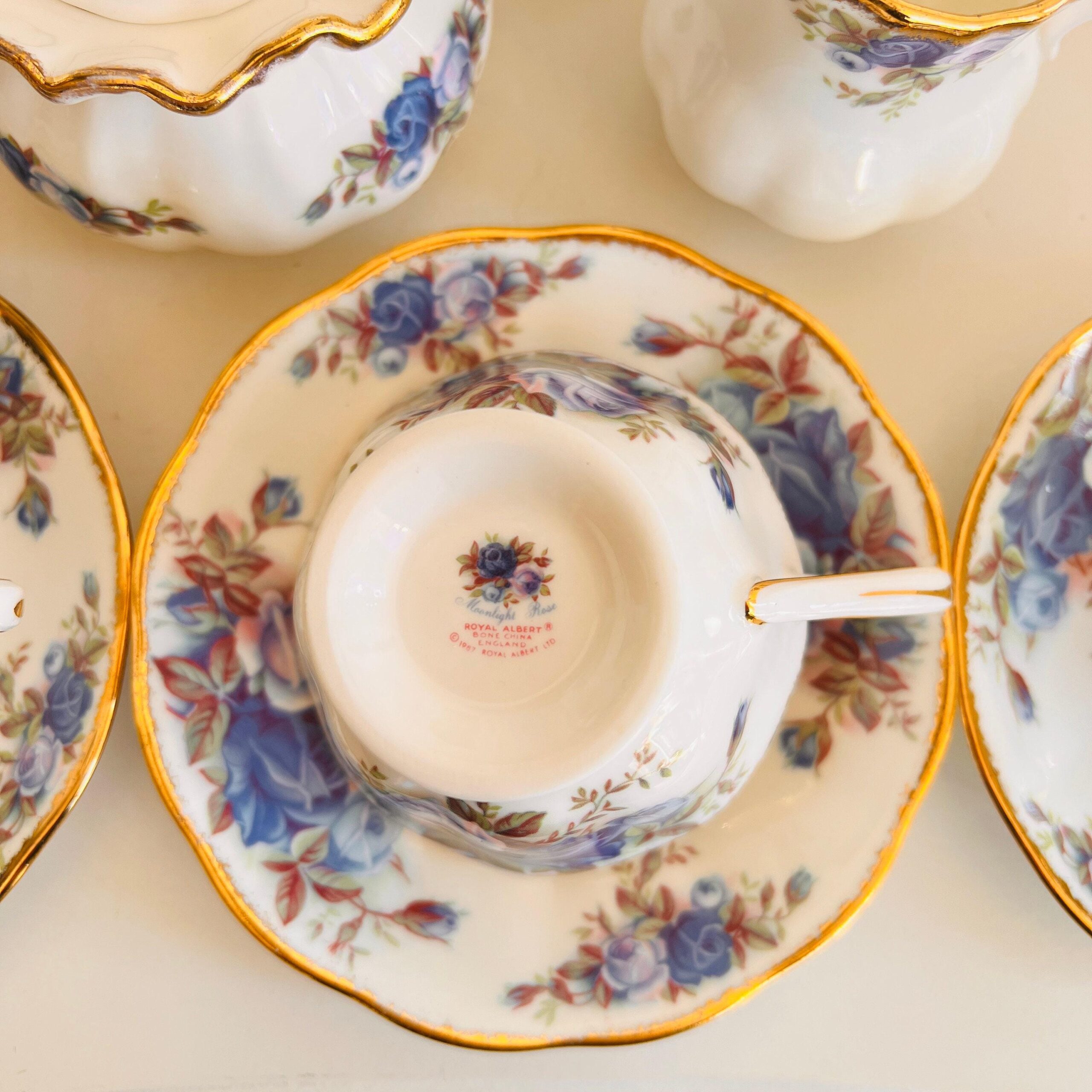 Royal Albert Moonlight Rose Bone China Cup and Saucer Set for 6, 1987 Avon Pattern, English Porcelain Tea Service, 15 Pieces