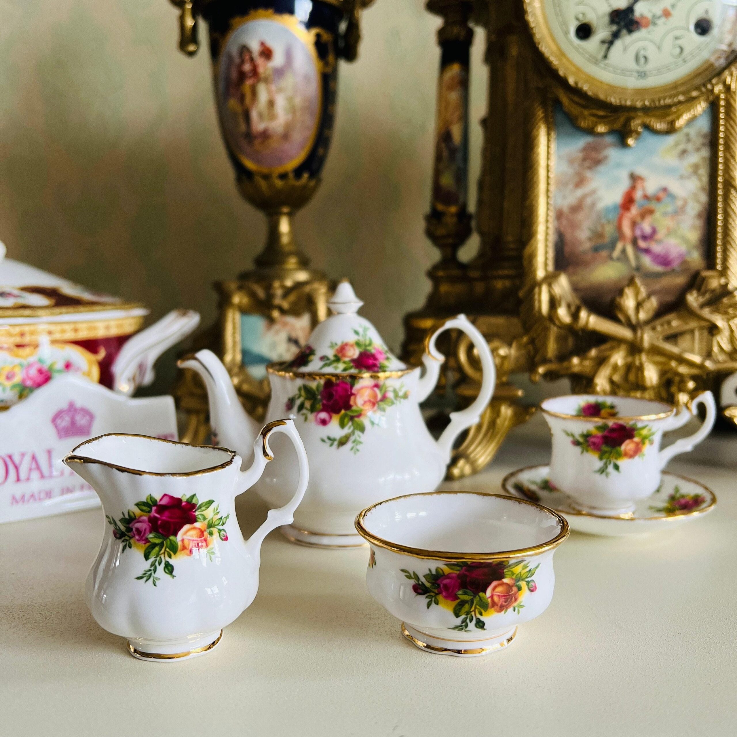Porcelain Dollhouse Tea Set by Royal Albert, Old Country Roses Bone China Miniature Set, Made in England, 4-Piece 1960s Rarity