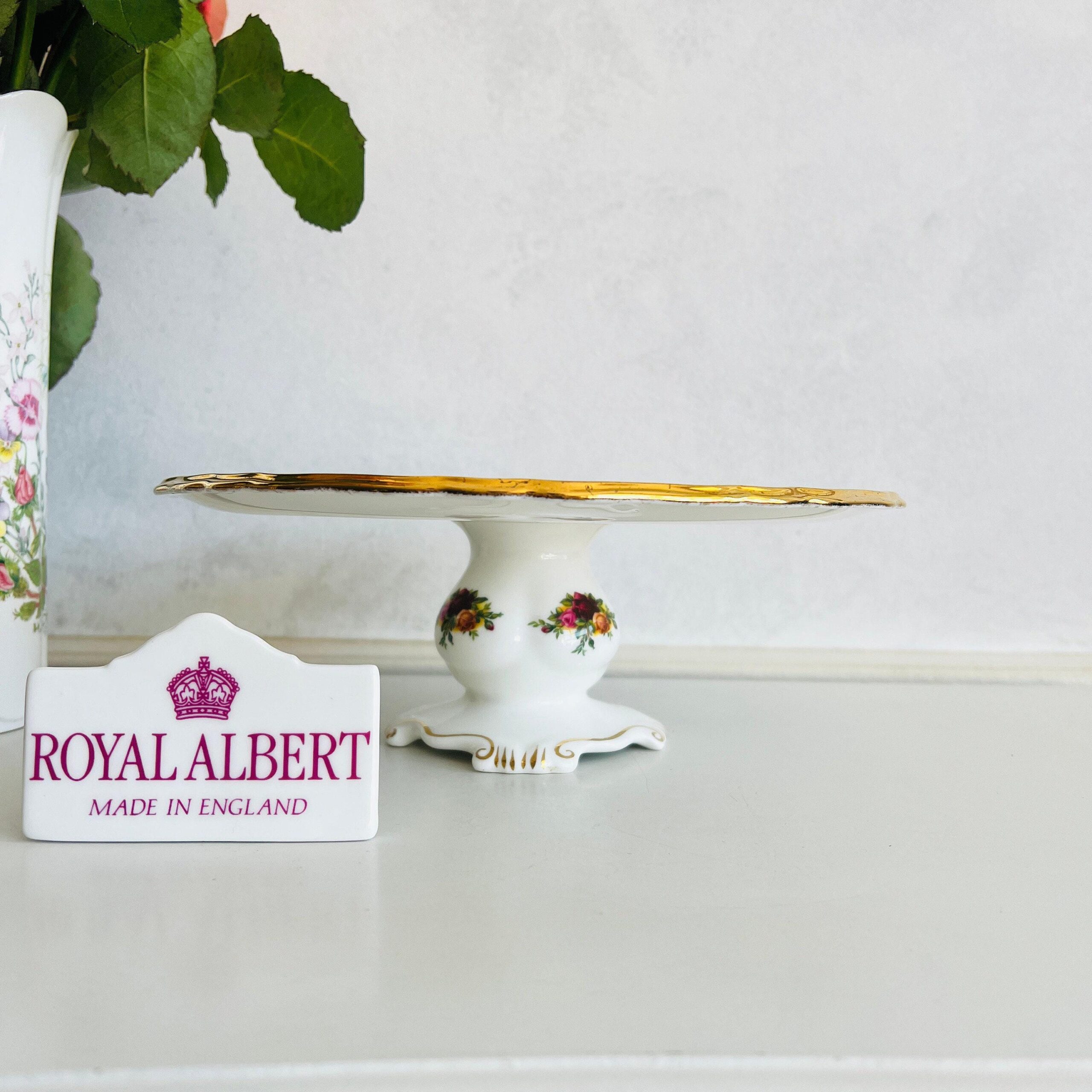 Porcelain Pedestal Cake Stand by Royal Albert, Old Country Roses Comport with 22K Gold Trim, Elegant Floral Display Dish
