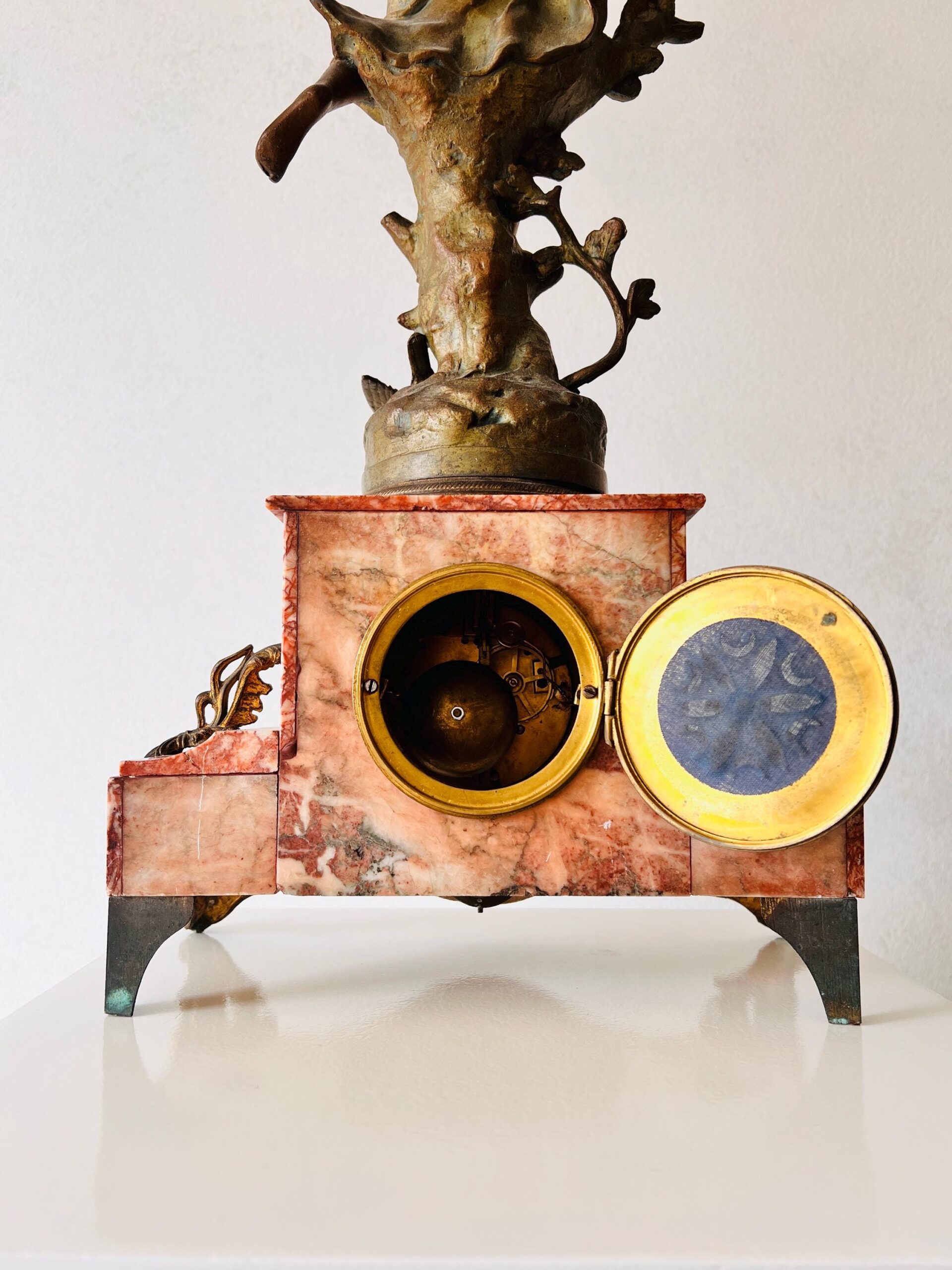 French Mantel Clock with Sculpture and Oil Lamp – Retour Des Hirondelles Belin