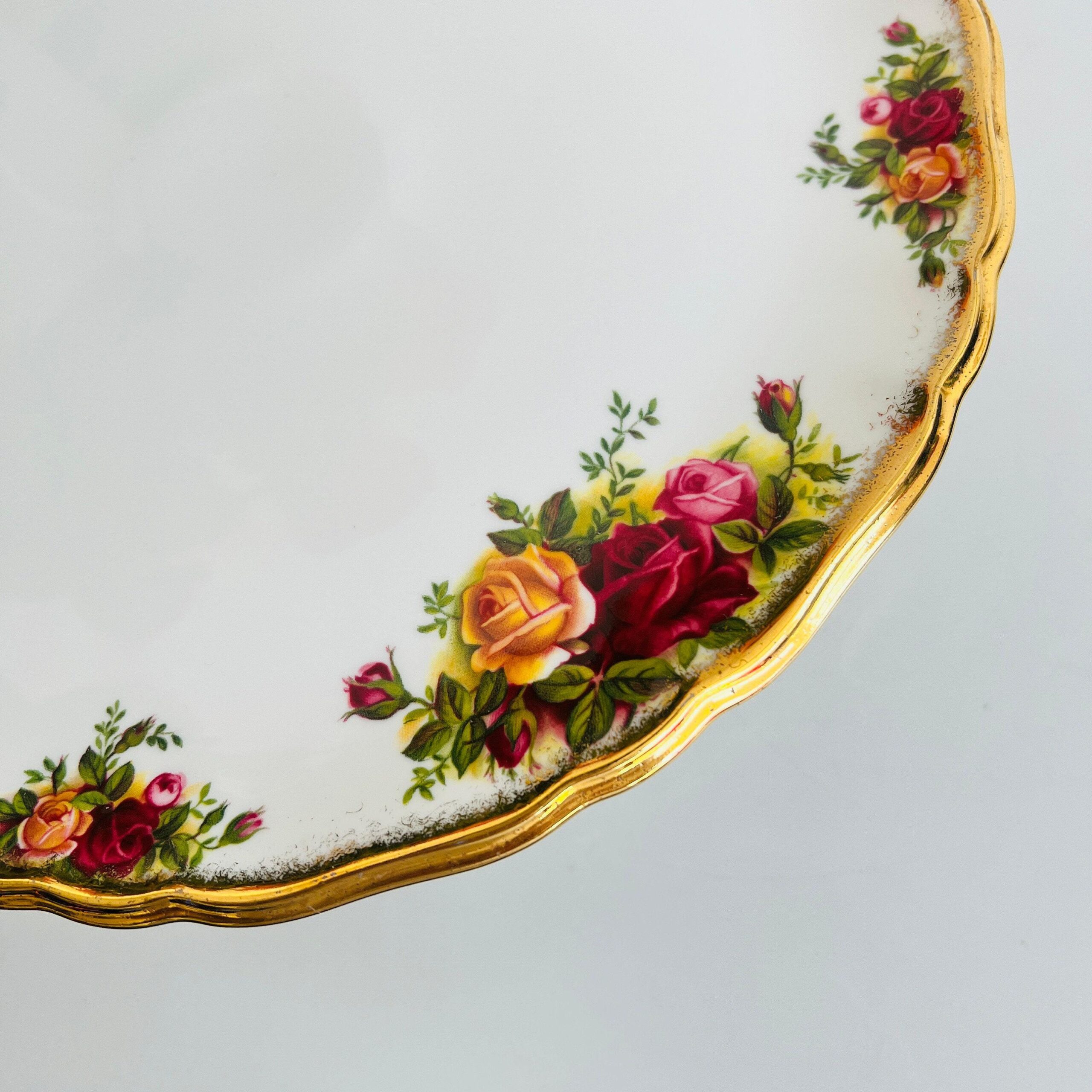 Porcelain Pedestal Cake Stand by Royal Albert, Old Country Roses Comport with 22K Gold Trim, Elegant Floral Display Dish