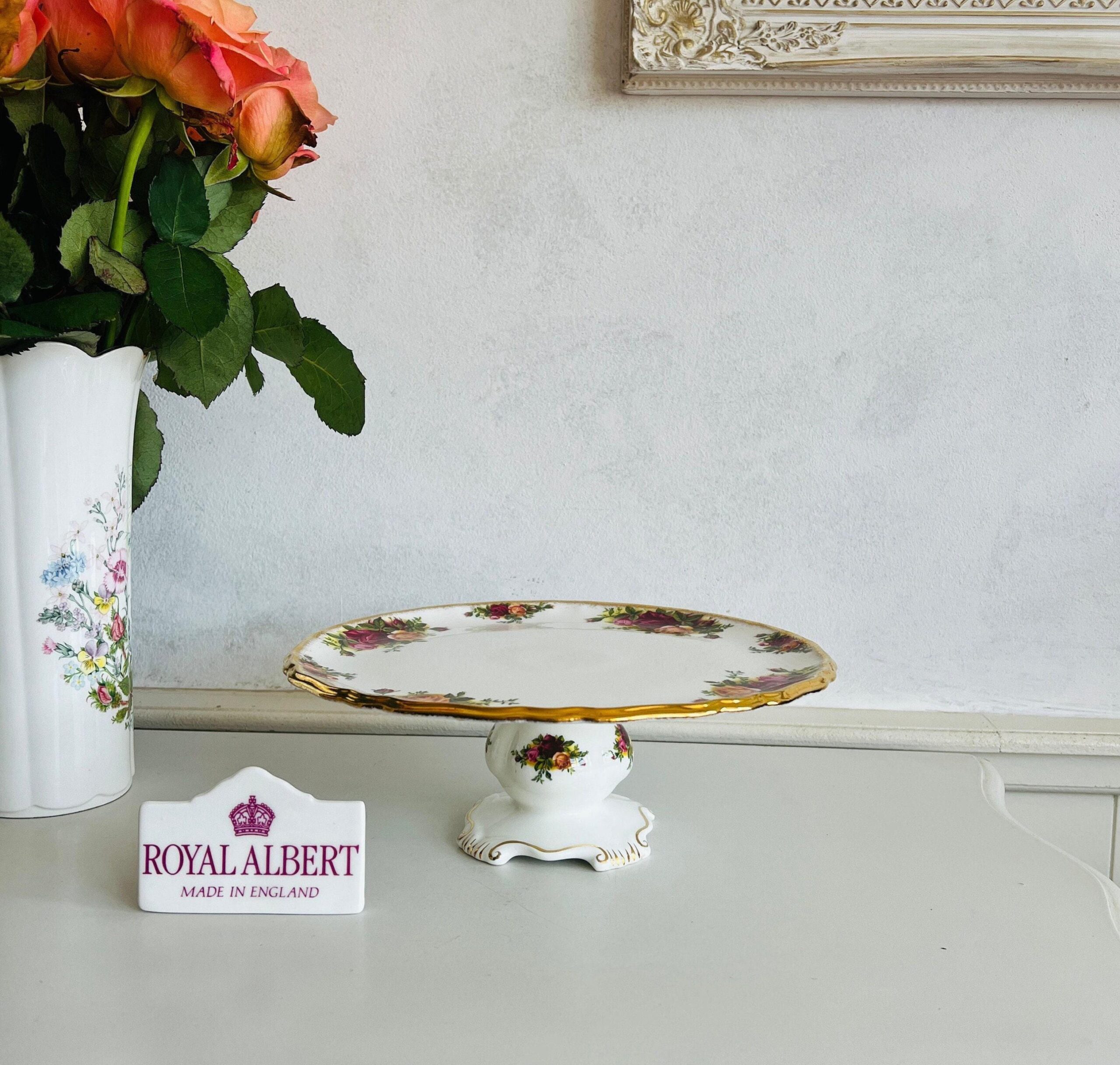Porcelain Pedestal Cake Stand by Royal Albert, Old Country Roses Comport with 22K Gold Trim, Elegant Floral Display Dish