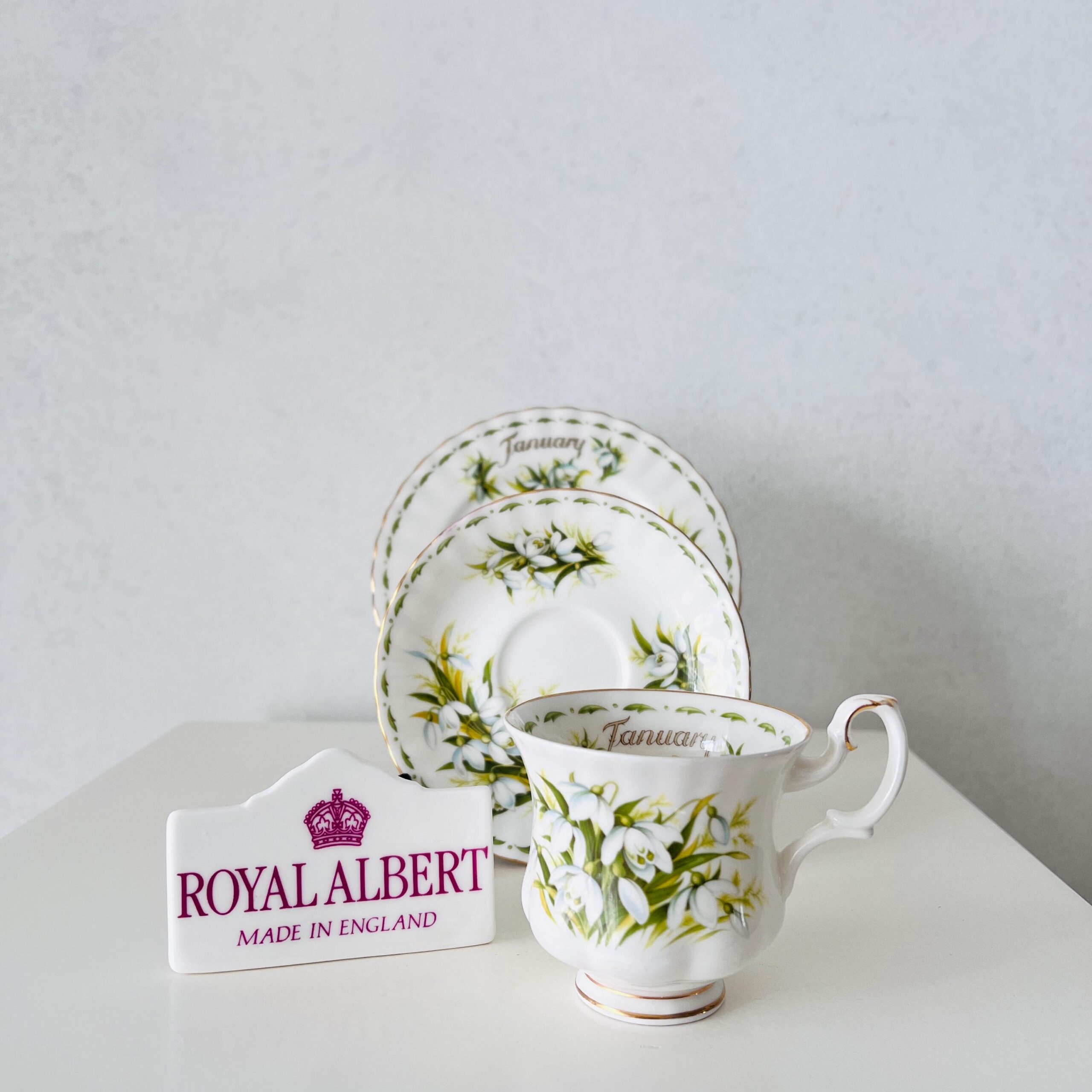 Vintage Royal Albert January Snowdrops Trio: 1970s Bone China Cup, Saucer, Plate