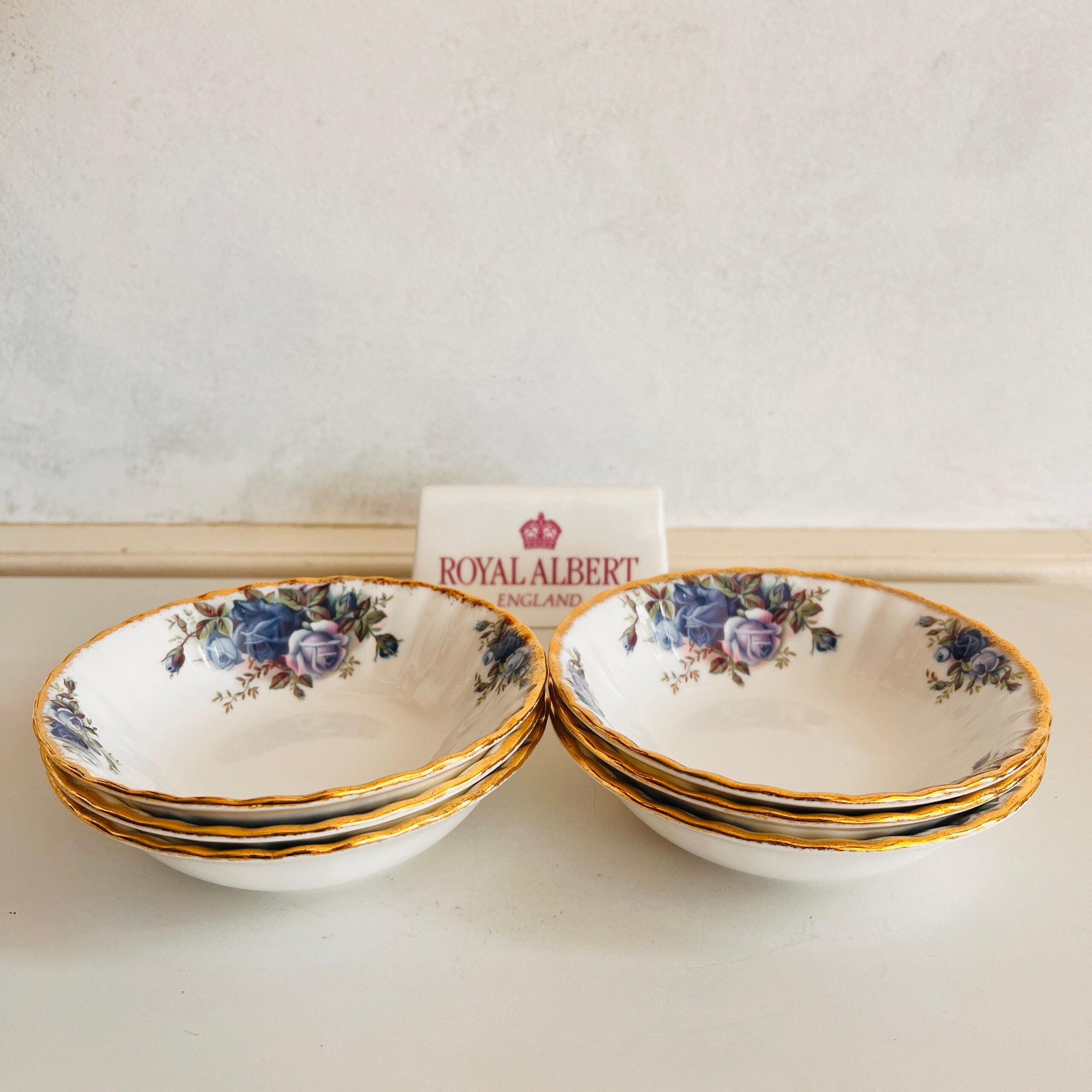 Bone China Breakfast Bowls Set of 6 by Royal Albert Moonlight Rose 1987 Blue Floral English Tableware
