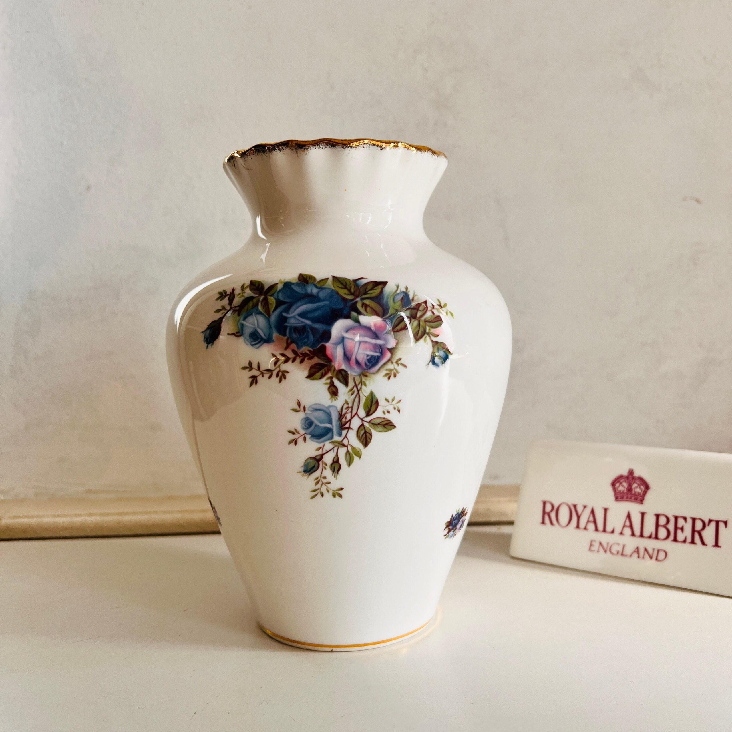 Royal Albert Moonlight Roses Bone China Vase, Large Porcelain Floral Vessel, 1987 English Collectible, Elegant Gift for Her