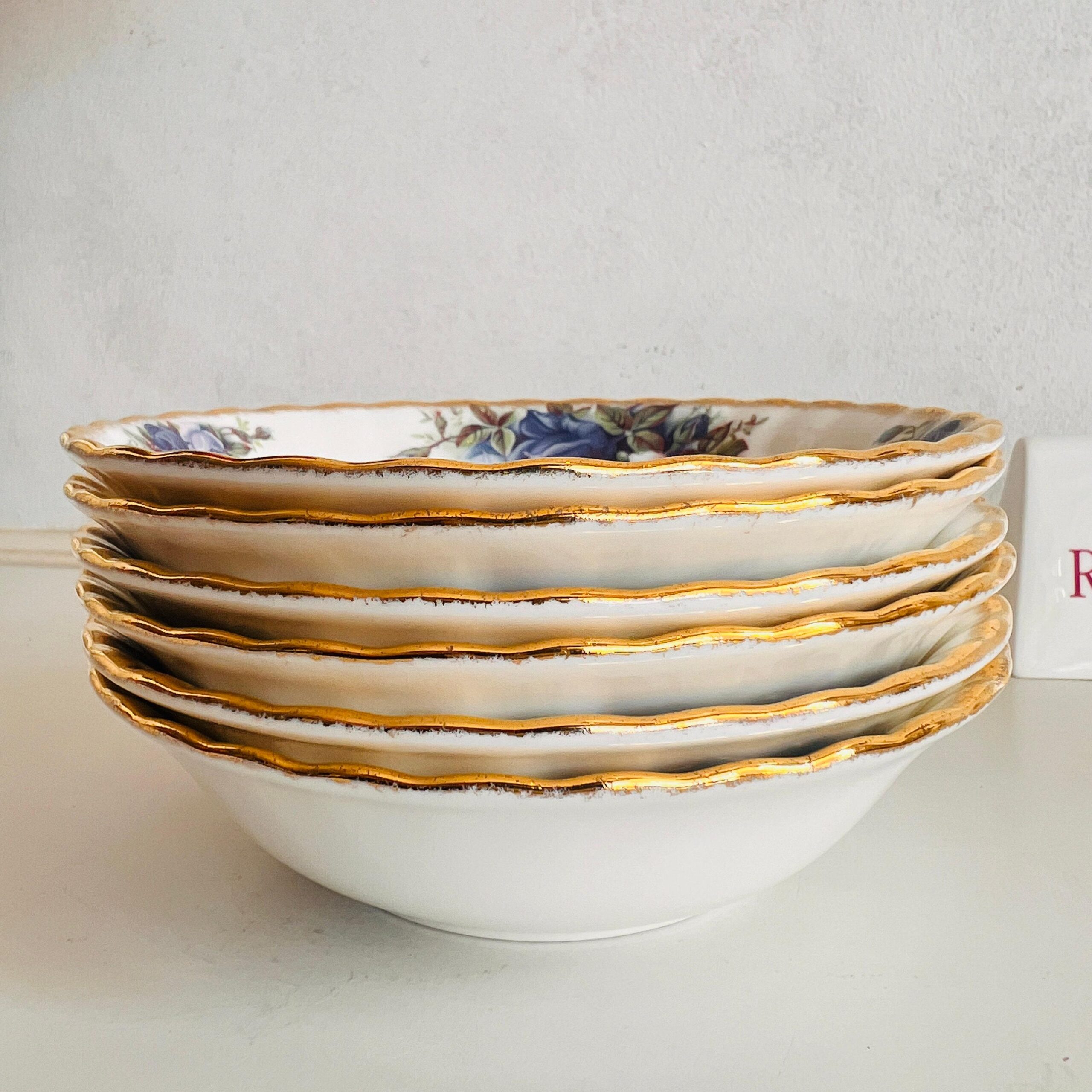 Bone China Breakfast Bowls Set of 6 by Royal Albert Moonlight Rose 1987 Blue Floral English Tableware