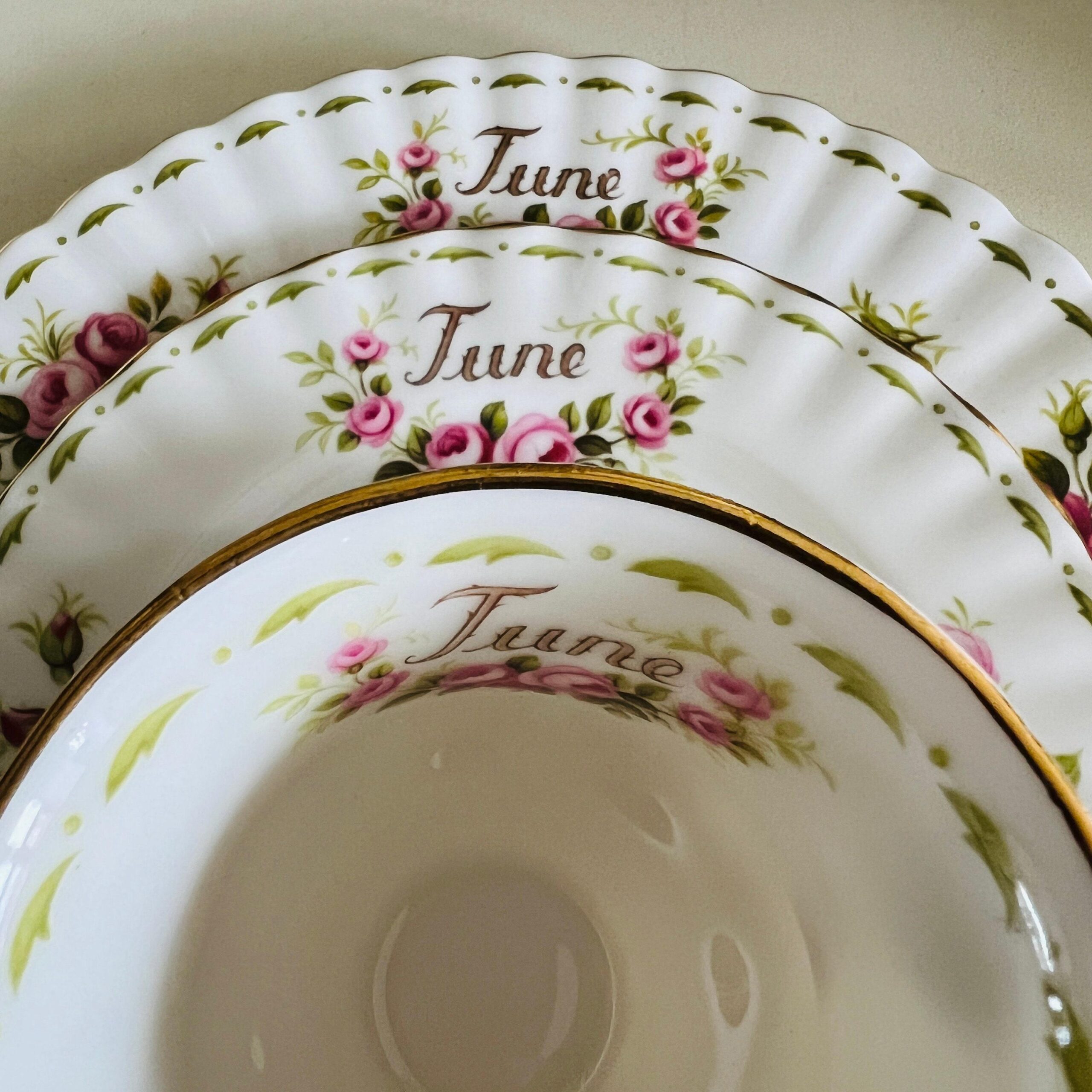 Bone China Tea Cup Saucer and Plates Set by Royal Albert, June Roses, Flower of the Month Series, Vintage Quad, Made in England