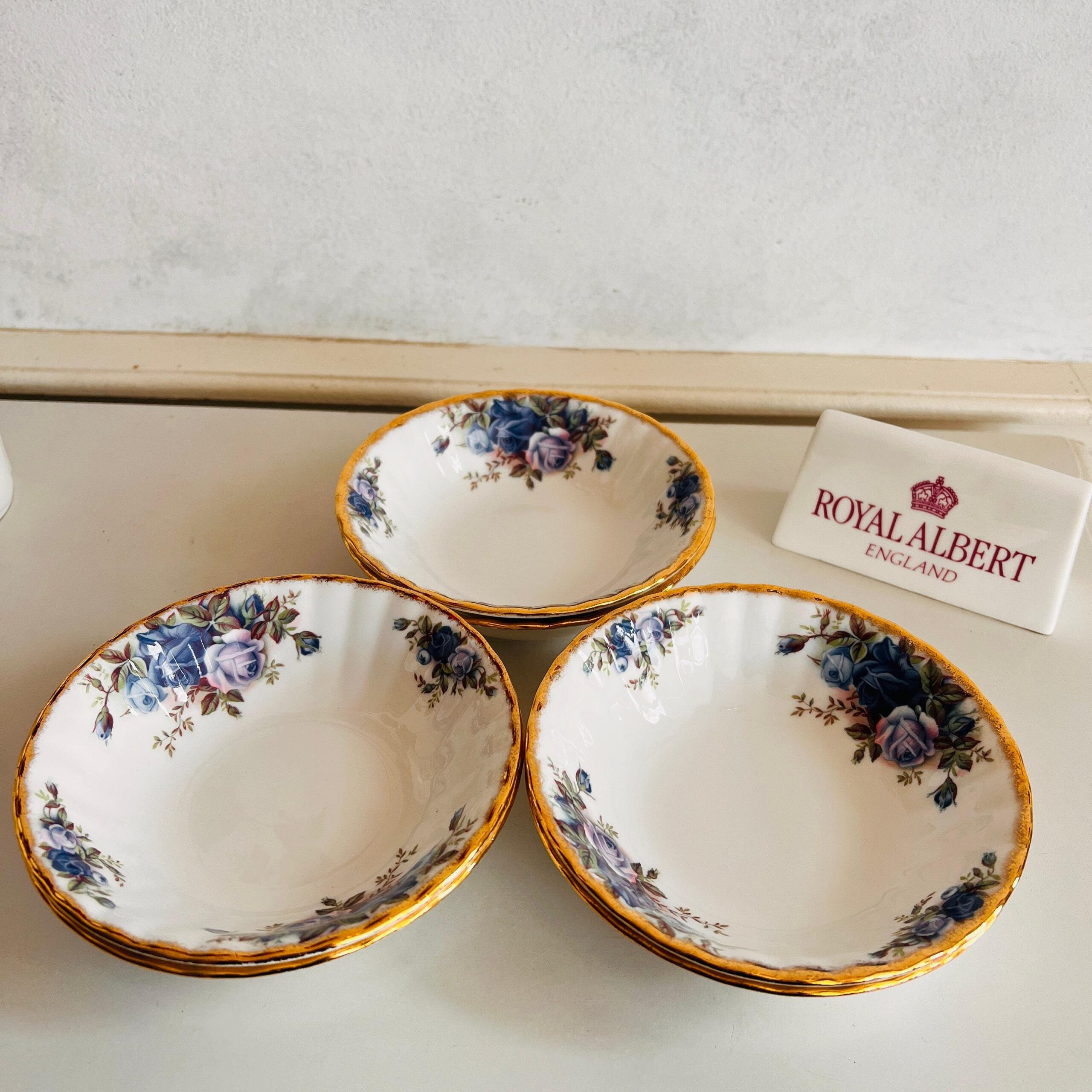 Bone China Breakfast Bowls Set of 6 by Royal Albert Moonlight Rose 1987 Blue Floral English Tableware