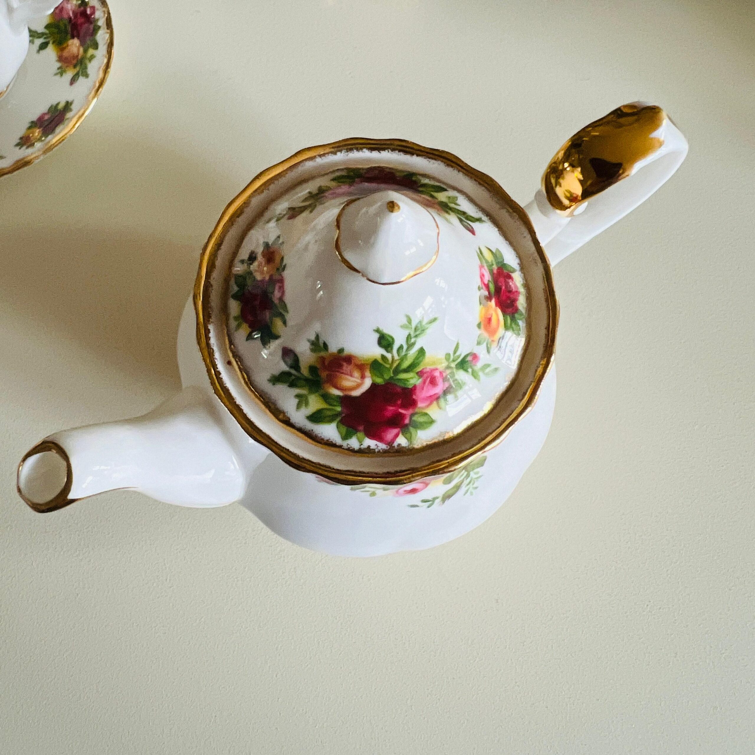 Porcelain Dollhouse Tea Set by Royal Albert, Old Country Roses Bone China Miniature Set, Made in England, 4-Piece 1960s Rarity