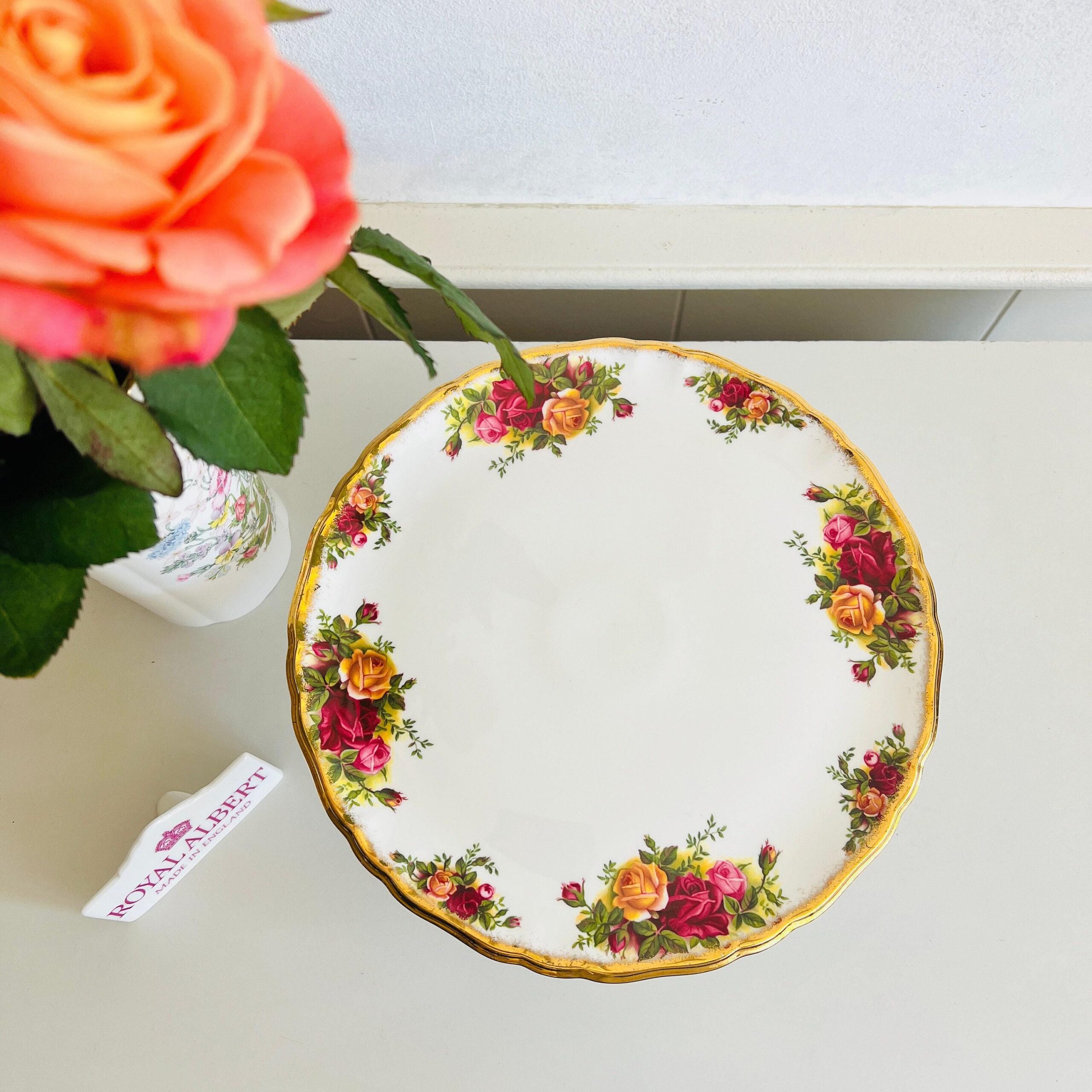 Porcelain Pedestal Cake Stand by Royal Albert, Old Country Roses Comport with 22K Gold Trim, Elegant Floral Display Dish