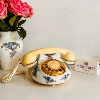 Porcelain rotary telephone by Astral LTD, Royal Albert Moonlight Rose, 1990s decor, floral home phone, Stoke-on-Trent UK