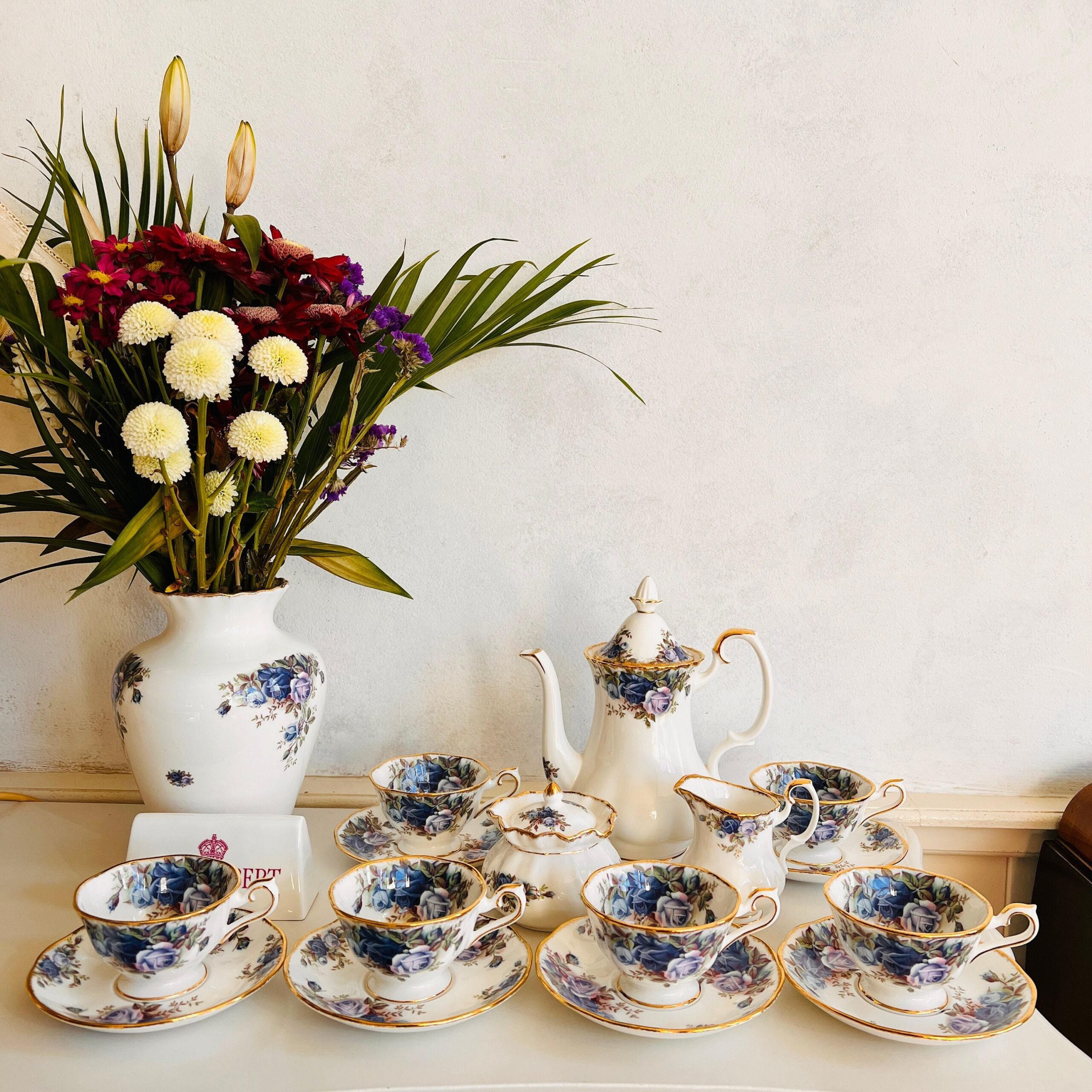 Royal Albert Moonlight Rose Bone China Cup and Saucer Set for 6, 1987 Avon Pattern, English Porcelain Tea Service, 15 Pieces