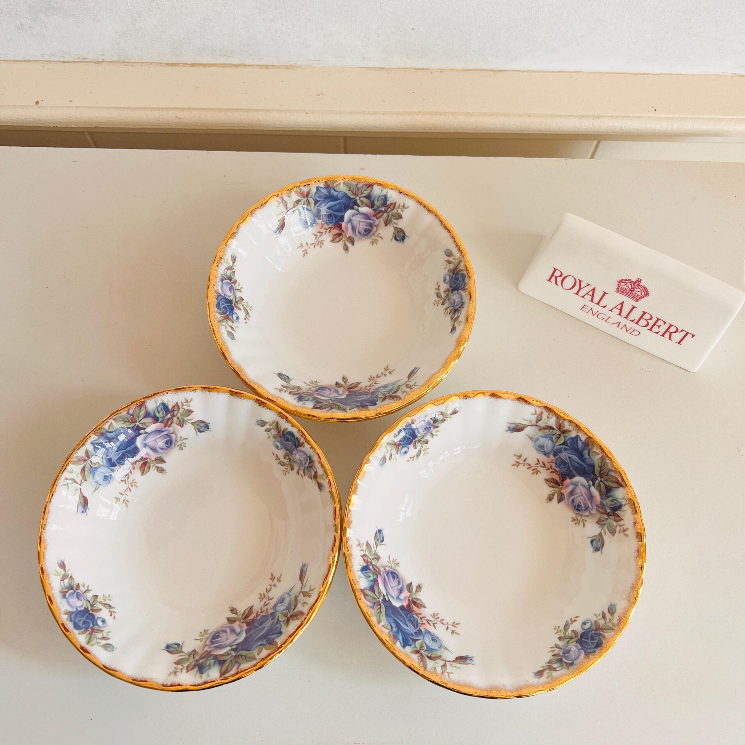 Bone China Breakfast Bowls Set of 6 by Royal Albert Moonlight Rose 1987 Blue Floral English Tableware