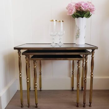 Mid Century Brass and Smoked Glass Nesting Tables, Hollywood Regency, Coffee Side Tables