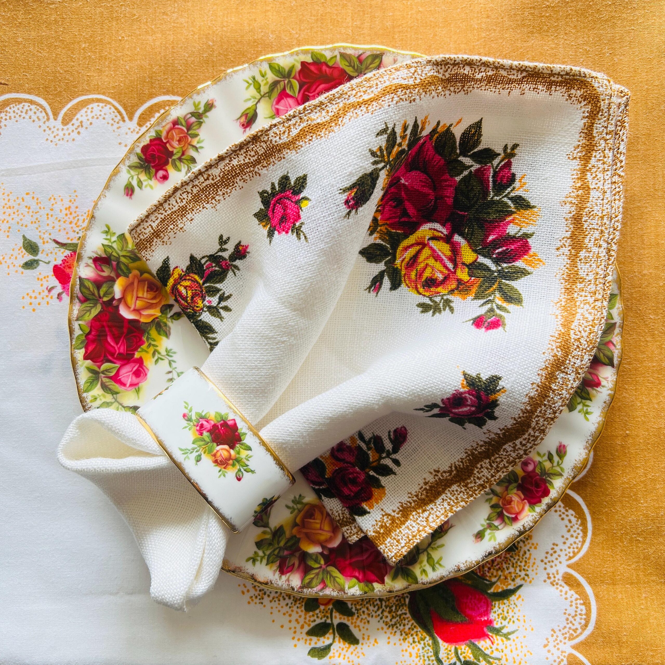 Royal Albert Bone China Napkin Rings Set with Linen Napkins, Old Country Roses Floral, Vintage Table Decor, Set of 6, 1960s