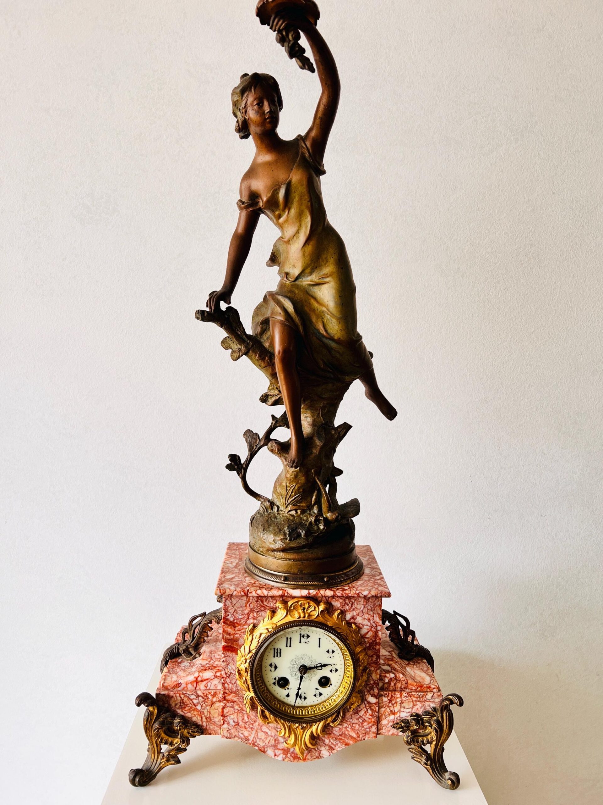 French Mantel Clock with Sculpture and Oil Lamp – Retour Des Hirondelles Belin