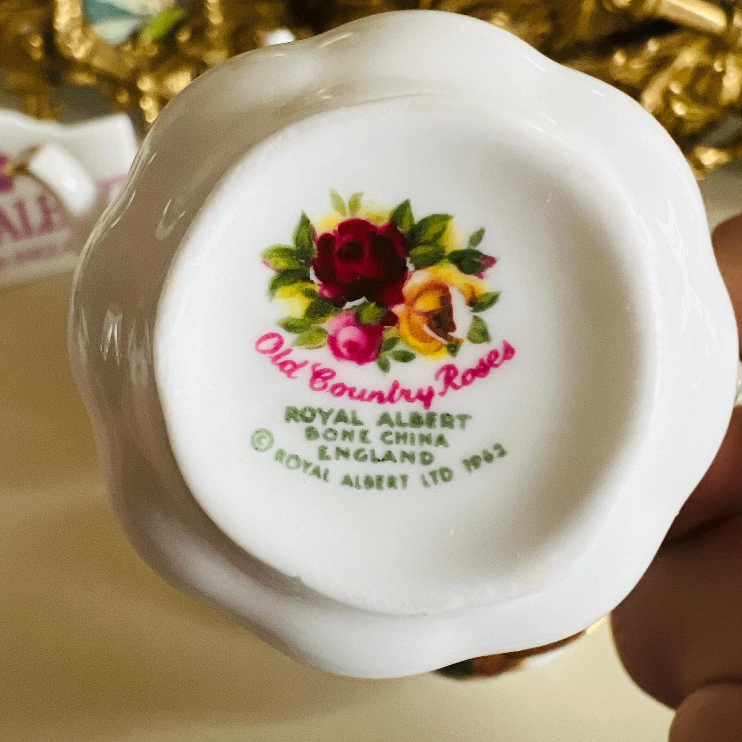 Porcelain Dollhouse Tea Set by Royal Albert, Old Country Roses Bone China Miniature Set, Made in England, 4-Piece 1960s Rarity