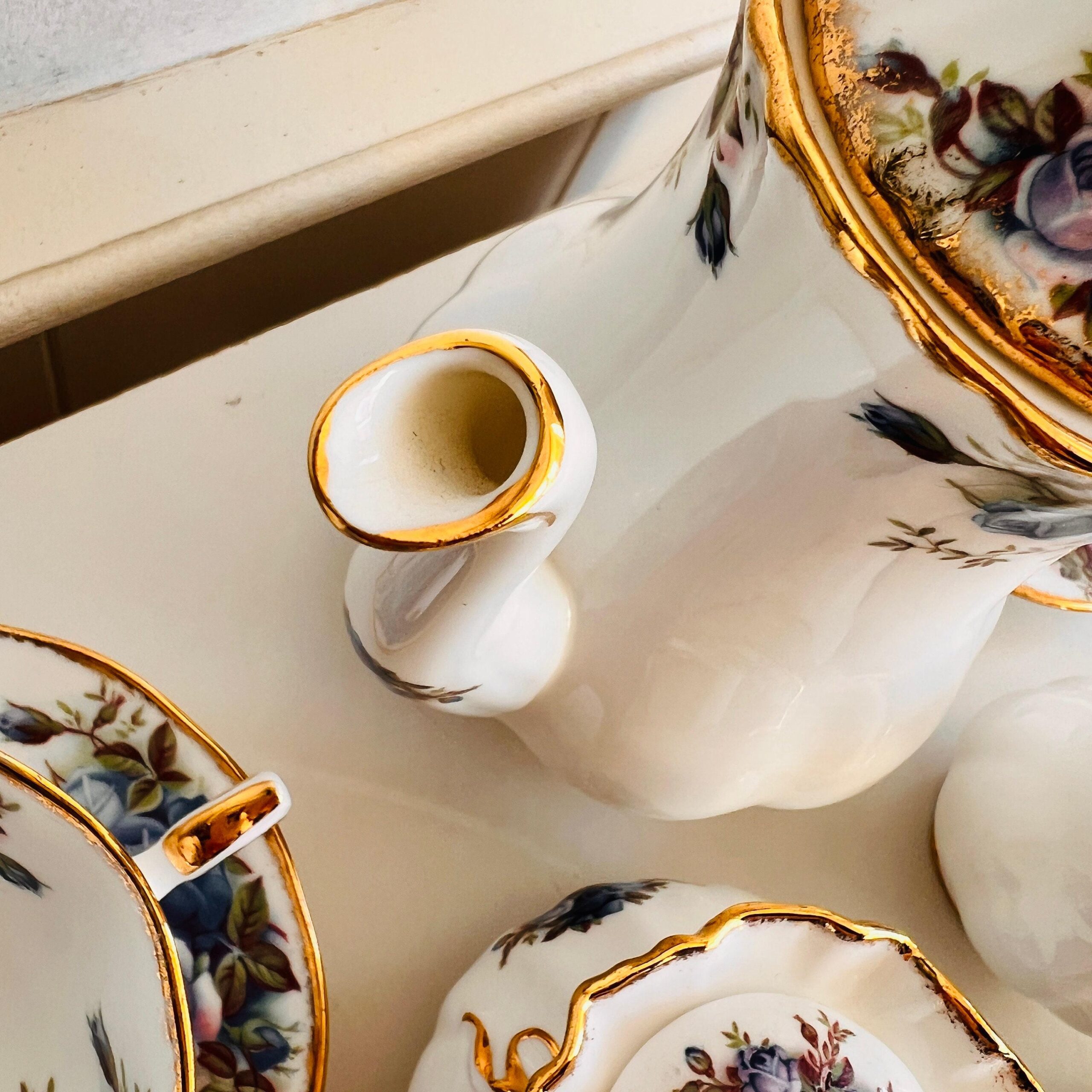 Royal Albert Moonlight Rose Bone China Cup and Saucer Set for 6, 1987 Avon Pattern, English Porcelain Tea Service, 15 Pieces