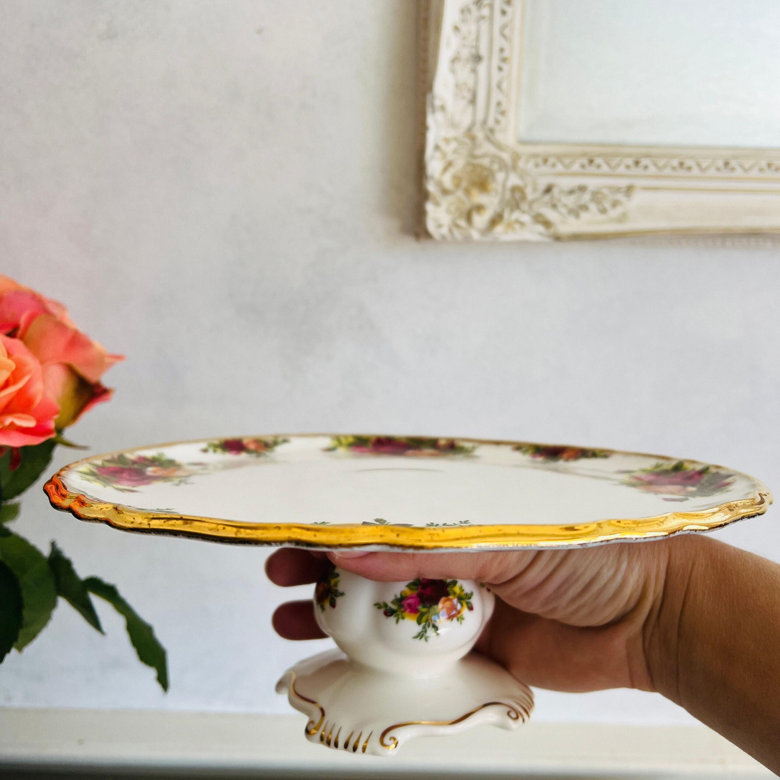 Porcelain Pedestal Cake Stand by Royal Albert, Old Country Roses Comport with 22K Gold Trim, Elegant Floral Display Dish