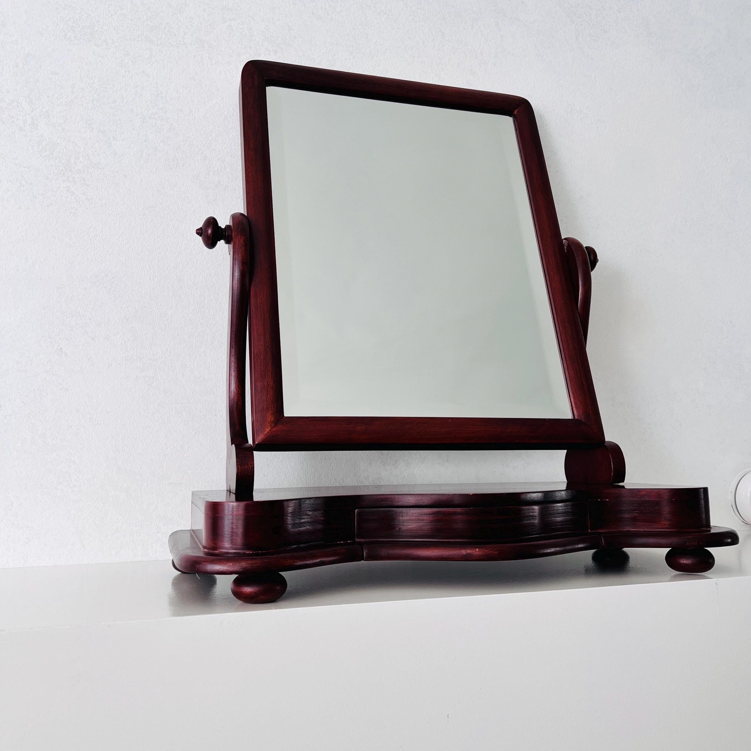 Vintage Swivel Beveled Vanity Mirror: Wood Dresser Top with Drawer