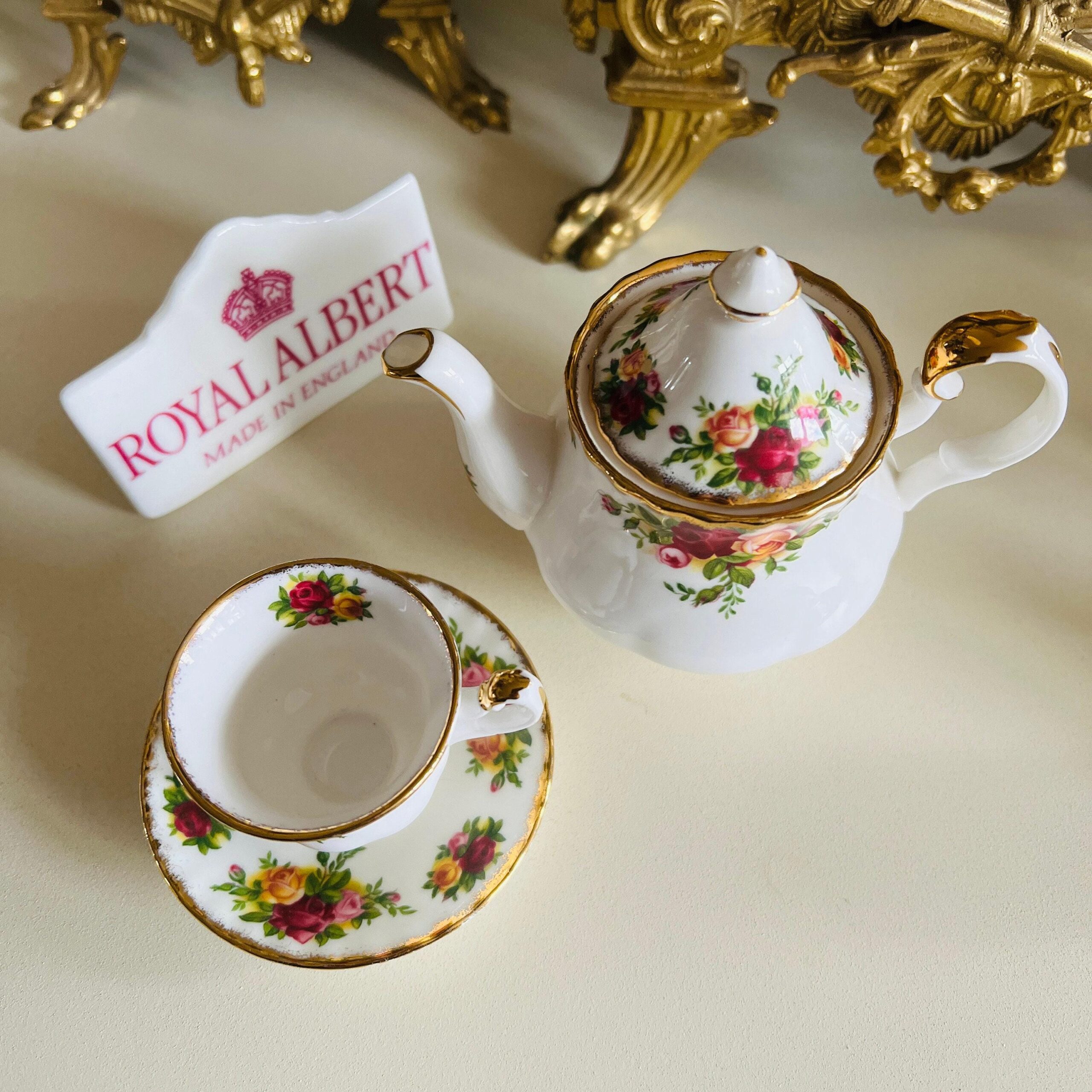 Porcelain Dollhouse Tea Set by Royal Albert, Old Country Roses Bone China Miniature Set, Made in England, 4-Piece 1960s Rarity