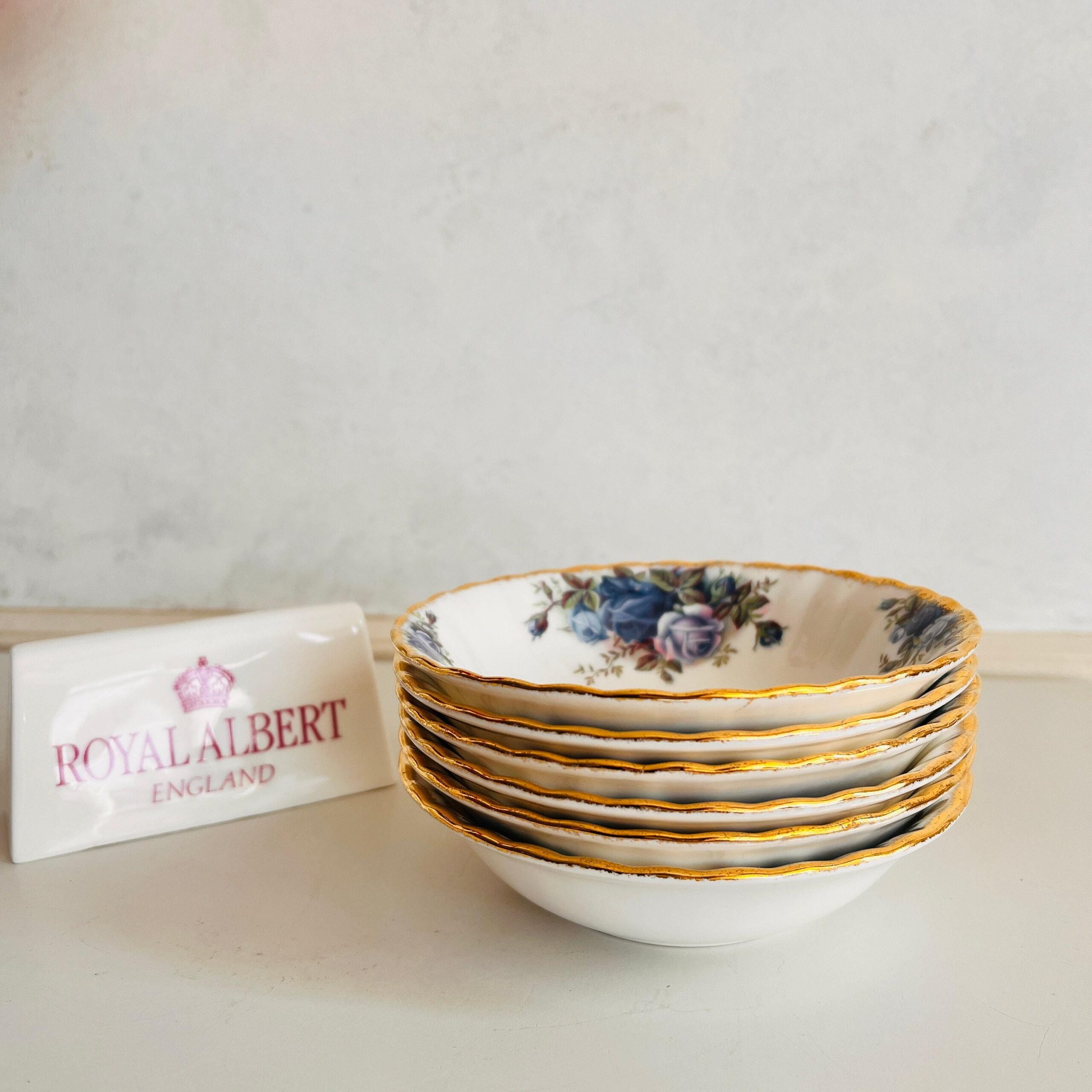 Bone China Breakfast Bowls Set of 6 by Royal Albert Moonlight Rose 1987 Blue Floral English Tableware