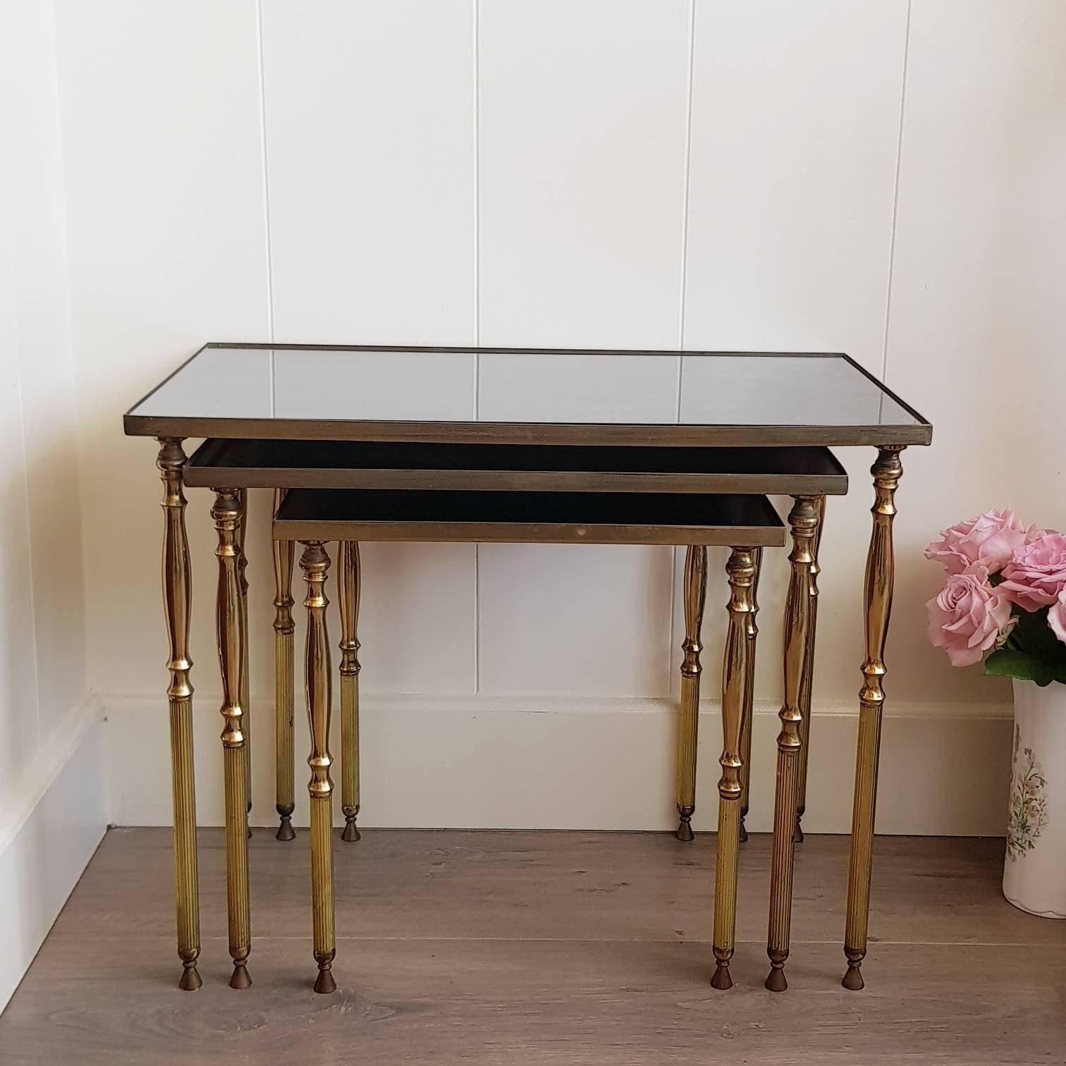 Mid Century Brass and Smoked Glass Nesting Tables, Hollywood Regency, Coffee Side Tables