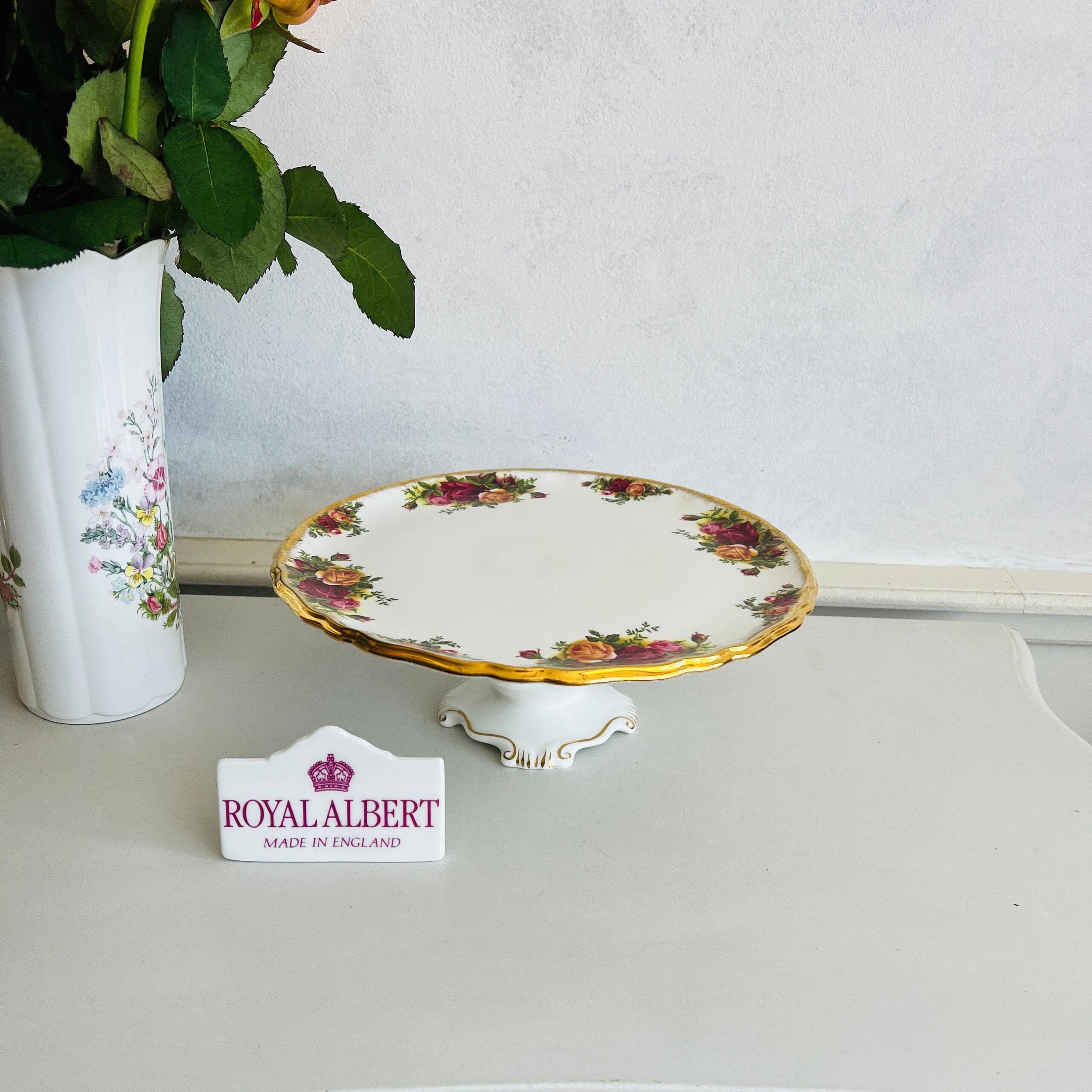 Porcelain Pedestal Cake Stand by Royal Albert, Old Country Roses Comport with 22K Gold Trim, Elegant Floral Display Dish