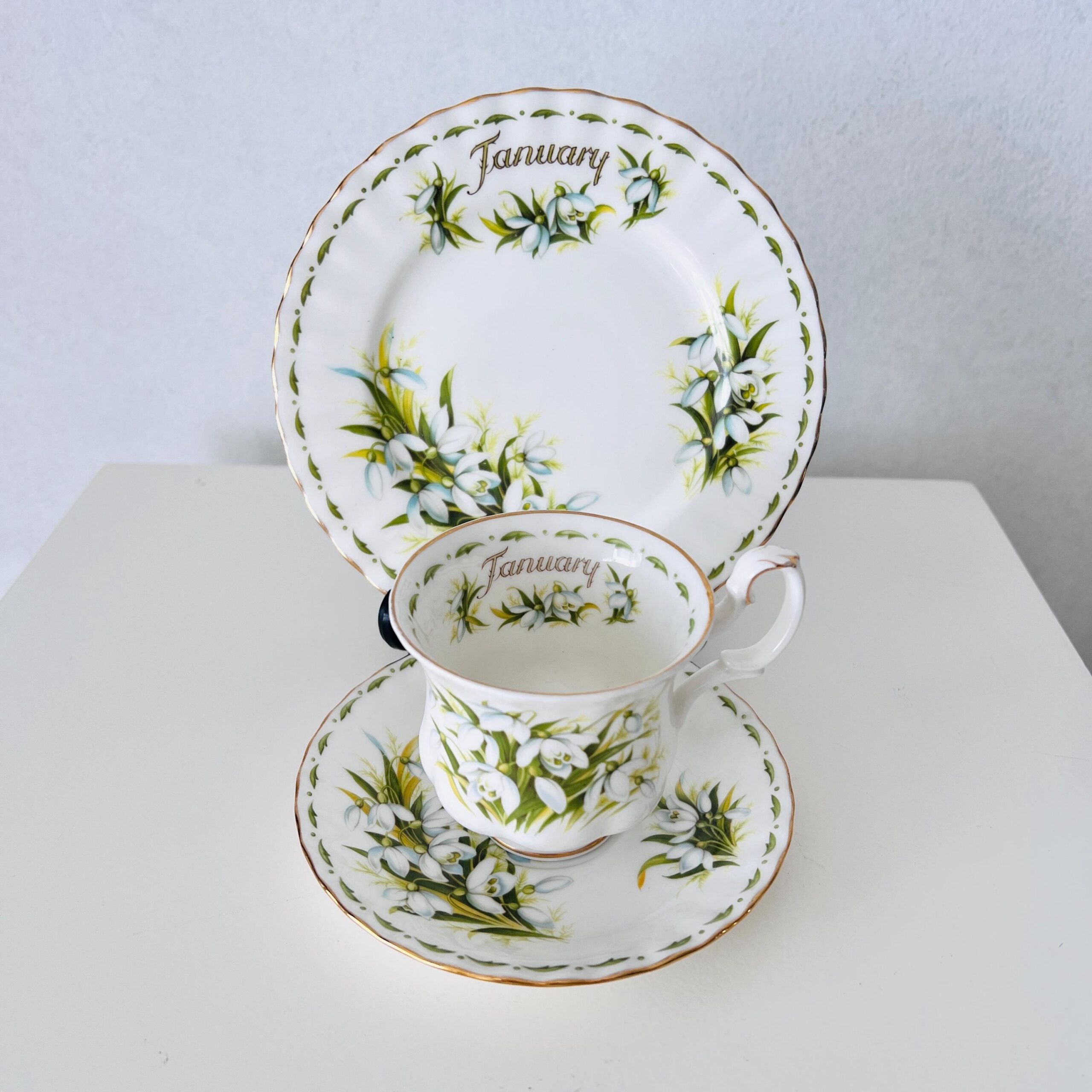 Vintage Royal Albert January Snowdrops Trio: 1970s Bone China Cup, Saucer, Plate