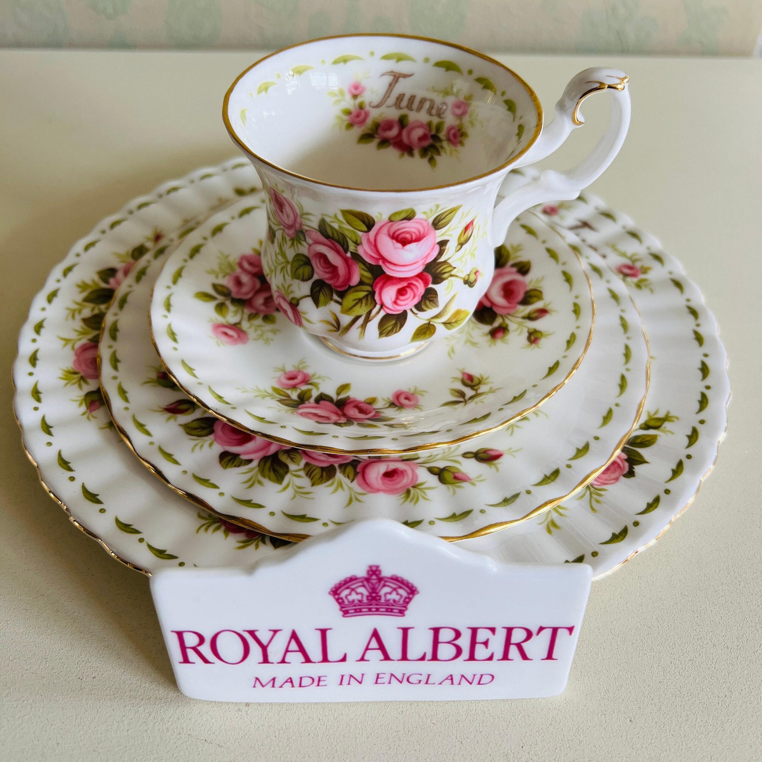 Bone China Tea Cup Saucer and Plates Set by Royal Albert, June Roses, Flower of the Month Series, Vintage Quad, Made in England