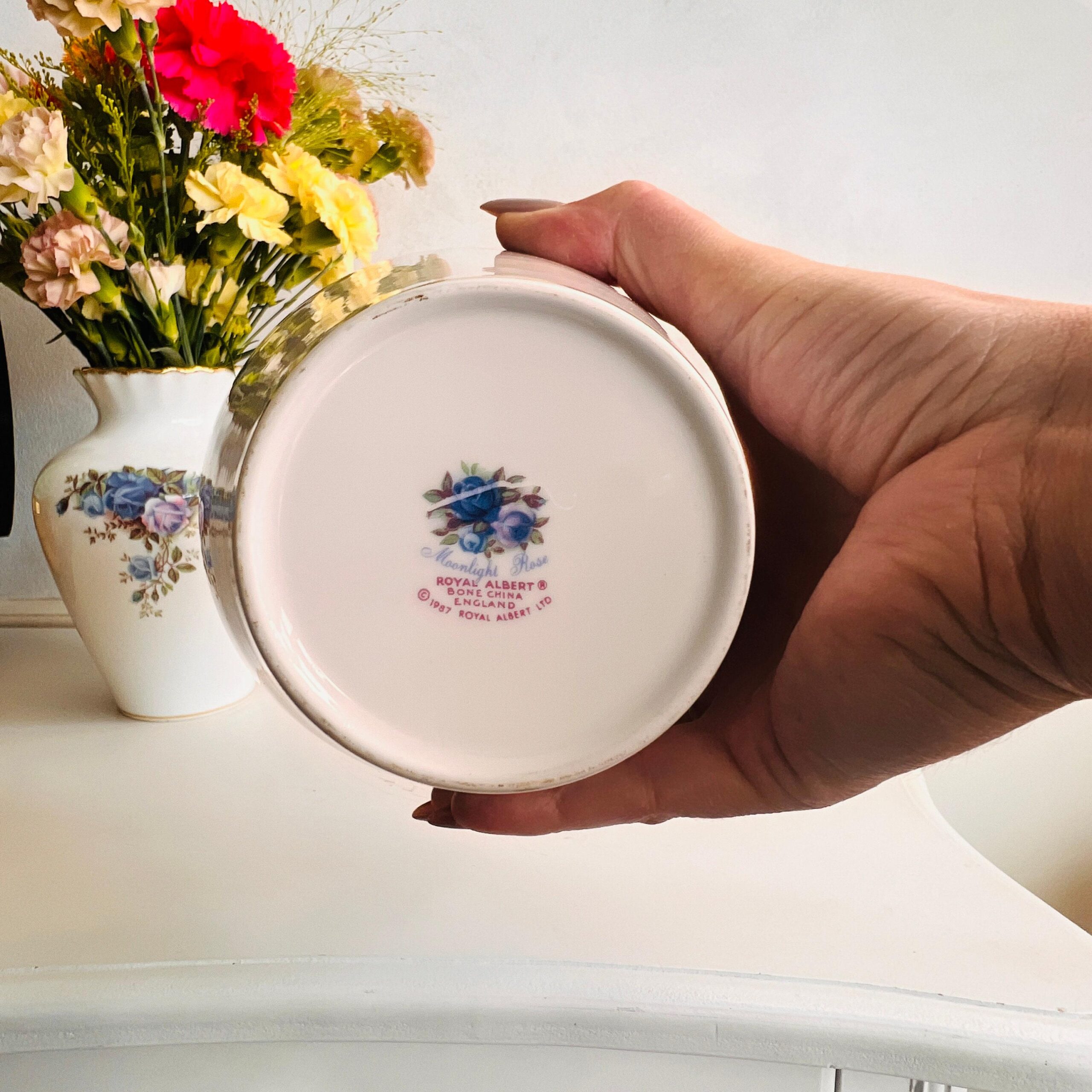 Royal Albert Moonlight Roses Bone China Vase, Large Porcelain Floral Vessel, 1987 English Collectible, Elegant Gift for Her