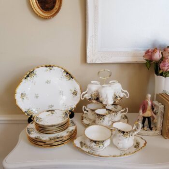 Royal Albert Bone China Tea Set for 6, 1982 Royal Ascot Pattern with Coffee Pot, Plates, Cake Stand, Made in England, 24 Pieces