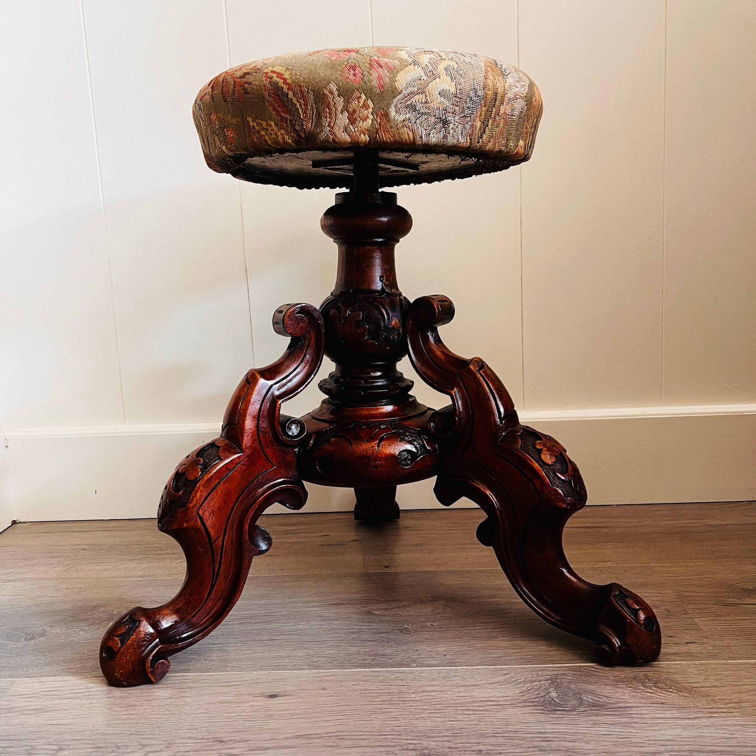 Antique Wood Piano Stool with Cabriole Legs and Scrolled Feet, Victorian Era Carved Seat, Classical Accent Furniture Piece