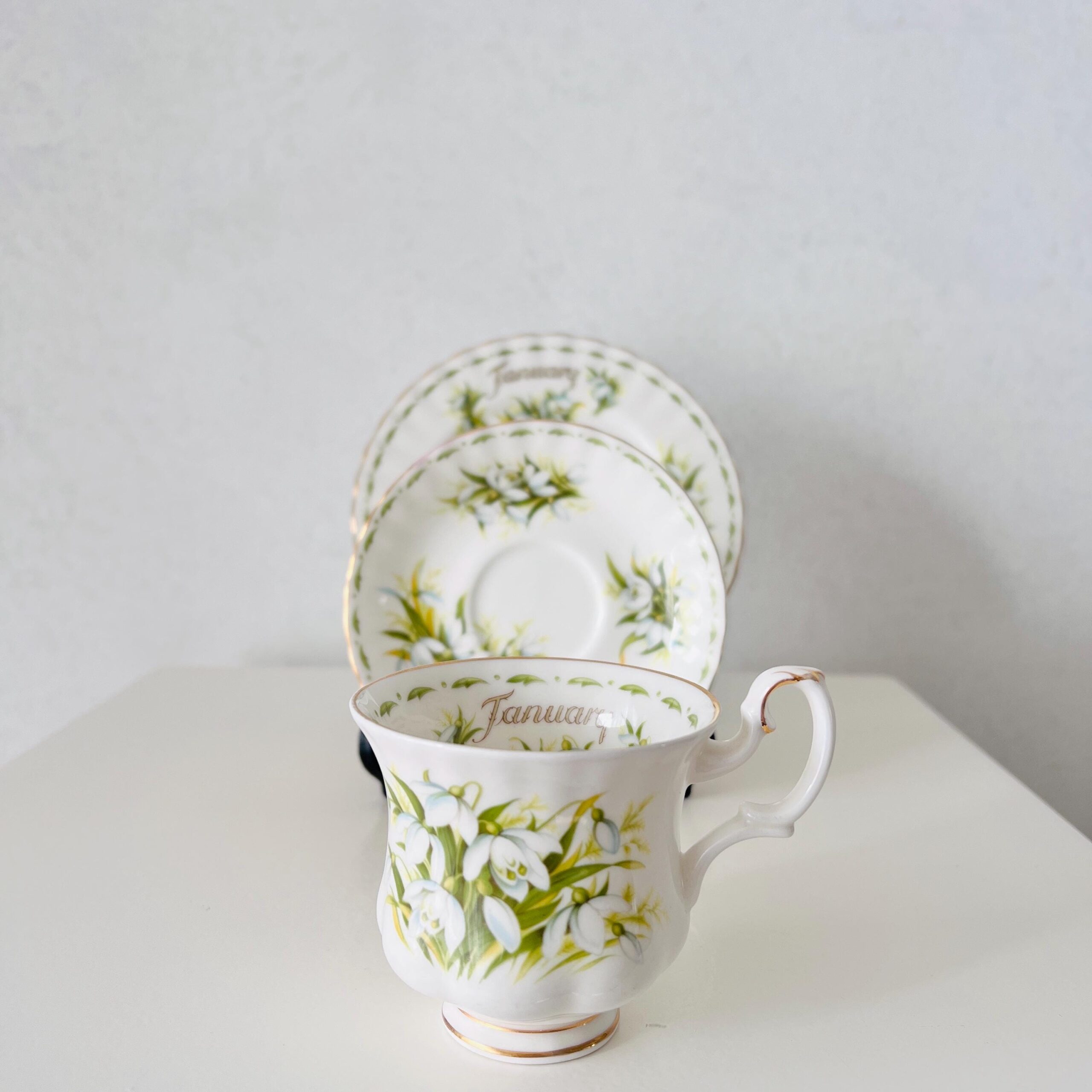 Vintage Royal Albert January Snowdrops Trio: 1970s Bone China Cup, Saucer, Plate
