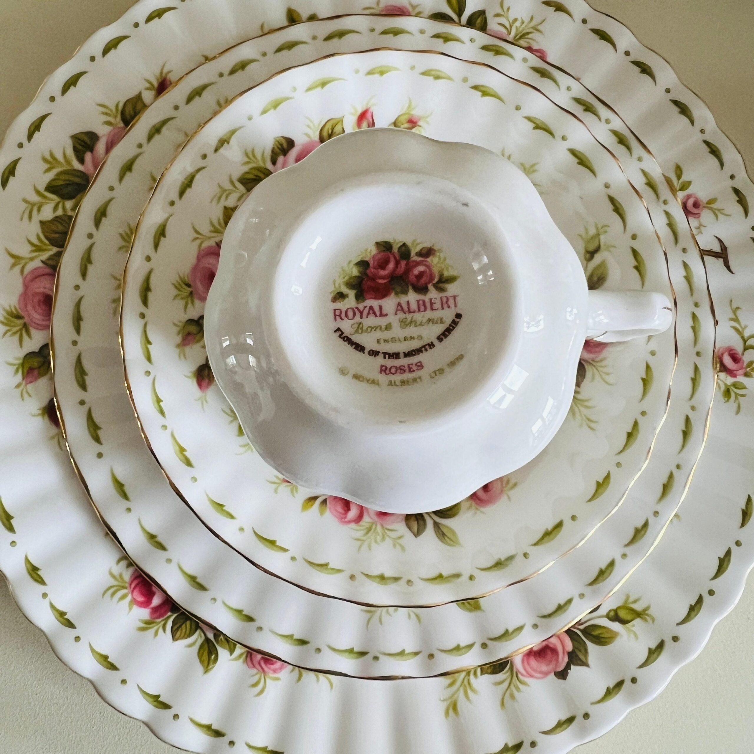 Bone China Tea Cup Saucer and Plates Set by Royal Albert, June Roses, Flower of the Month Series, Vintage Quad, Made in England