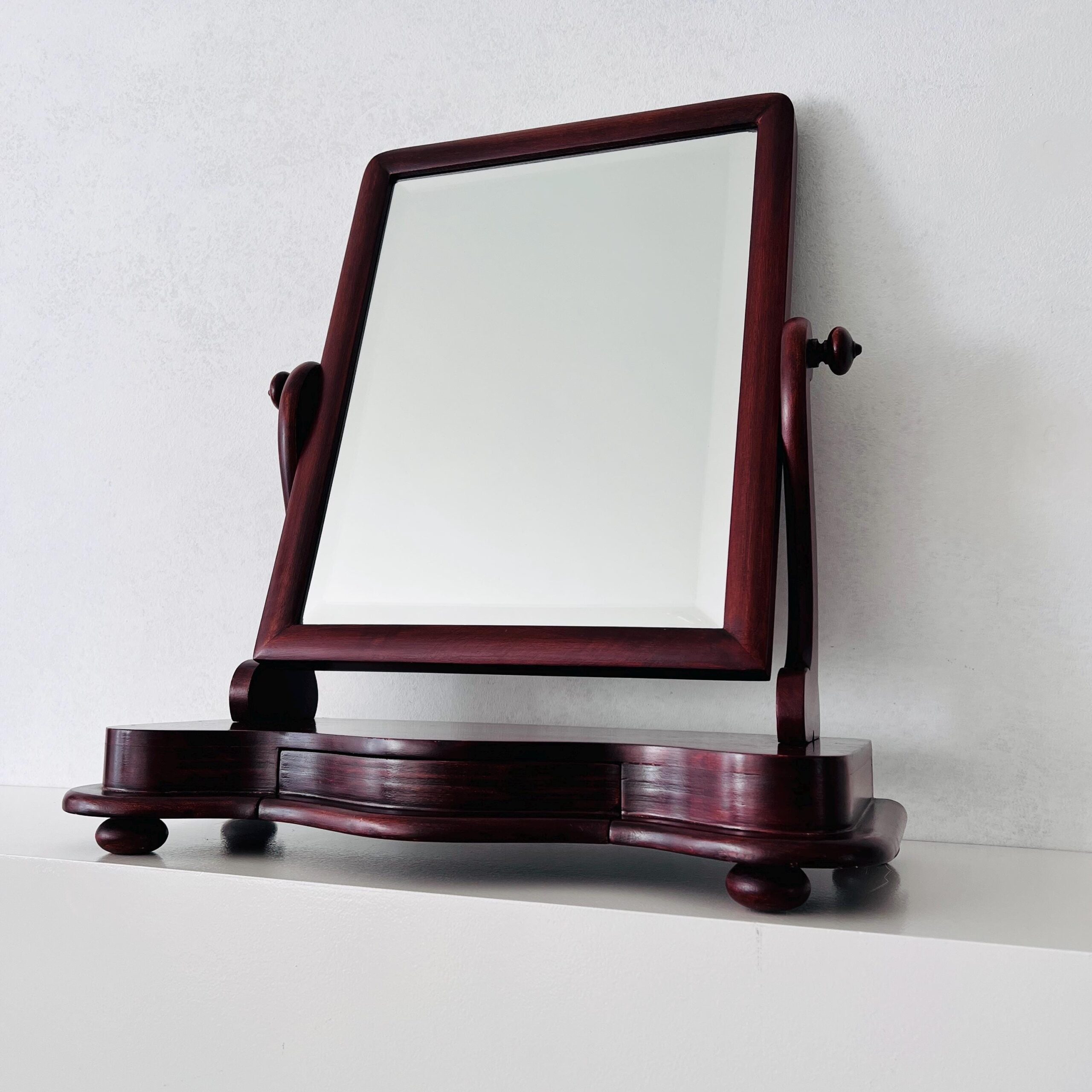 Vintage Swivel Beveled Vanity Mirror: Wood Dresser Top with Drawer