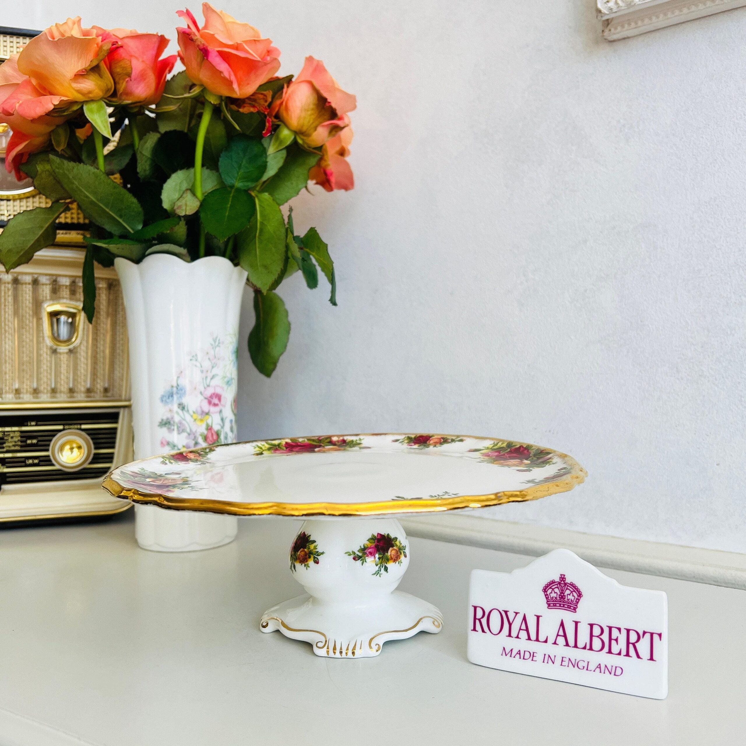 Porcelain Pedestal Cake Stand by Royal Albert, Old Country Roses Comport with 22K Gold Trim, Elegant Floral Display Dish