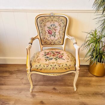 French Louis XV Tapestry Armchair with Gold Painted Details and Velvet Backrest, Circa 1920, Carved Floral Accents