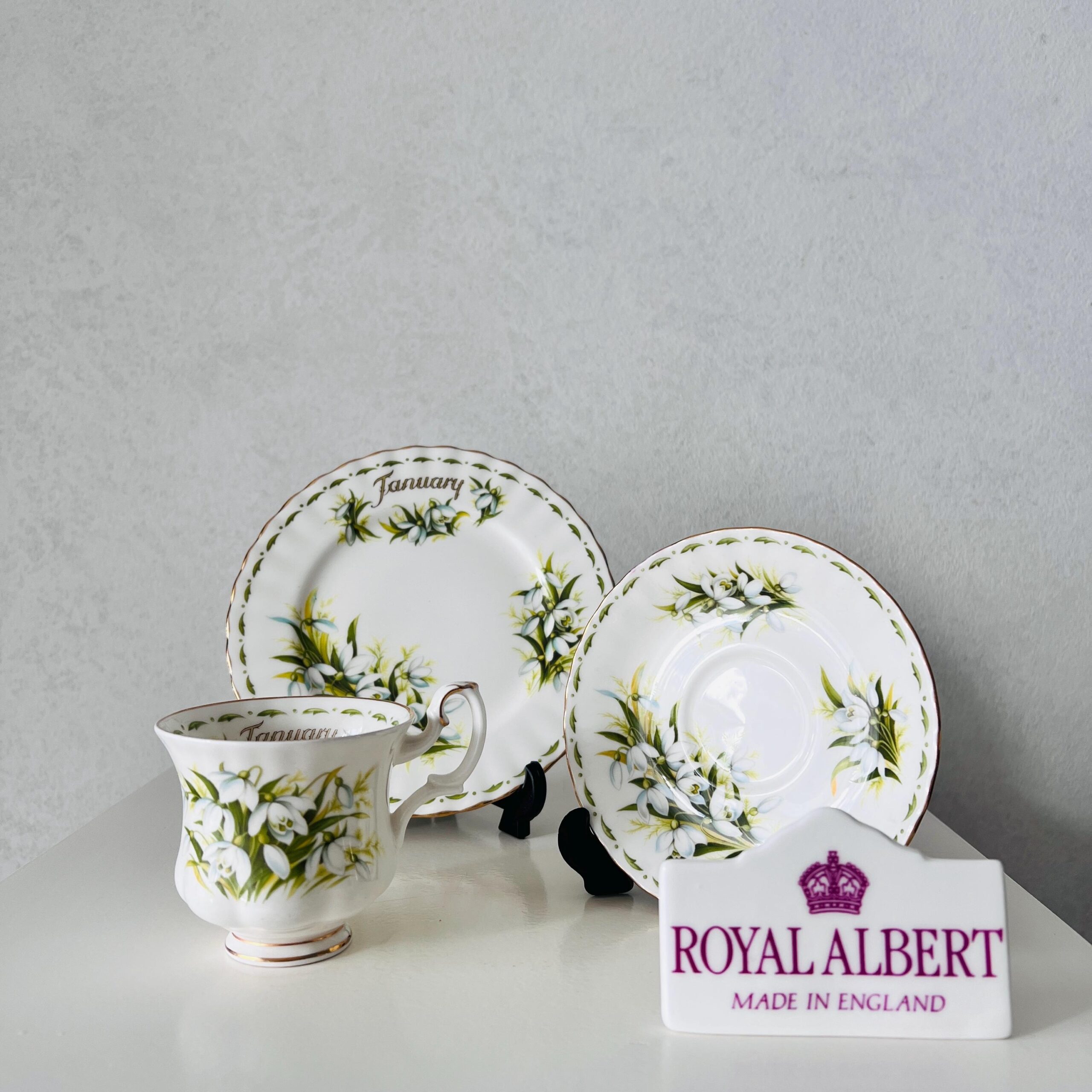 Vintage Royal Albert January Snowdrops Trio: 1970s Bone China Cup, Saucer, Plate