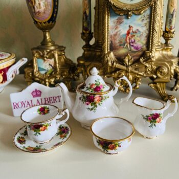 Porcelain Dollhouse Tea Set by Royal Albert, Old Country Roses Bone China Miniature Set, Made in England, 4-Piece 1960s Rarity