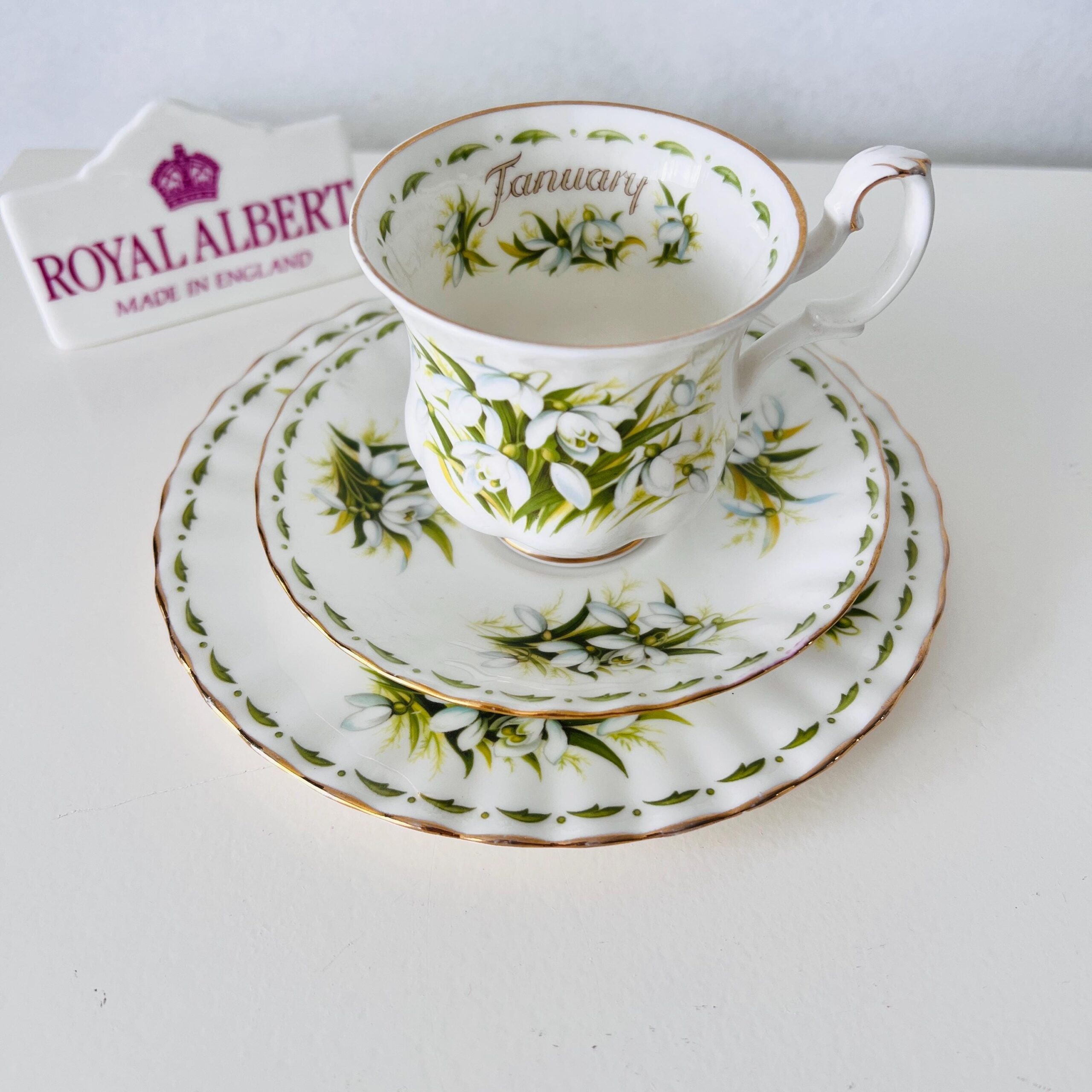 Vintage Royal Albert January Snowdrops Trio: 1970s Bone China Cup, Saucer, Plate